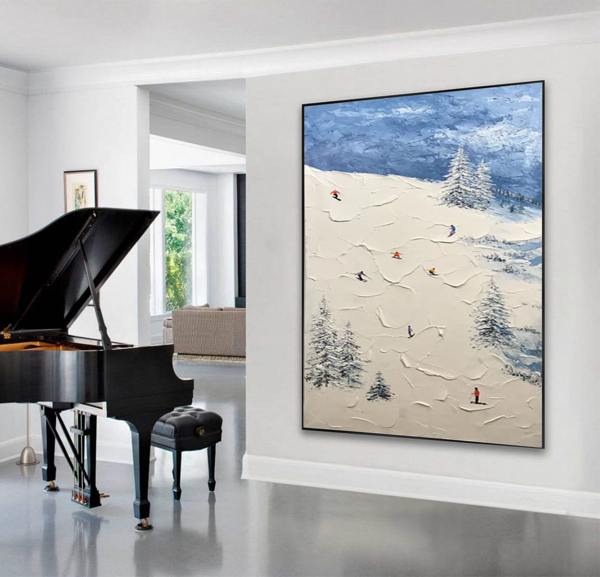 Winter Skiing Scene Wall Art Textured Canvas for Modern Mountain Home Decor #ASP 007