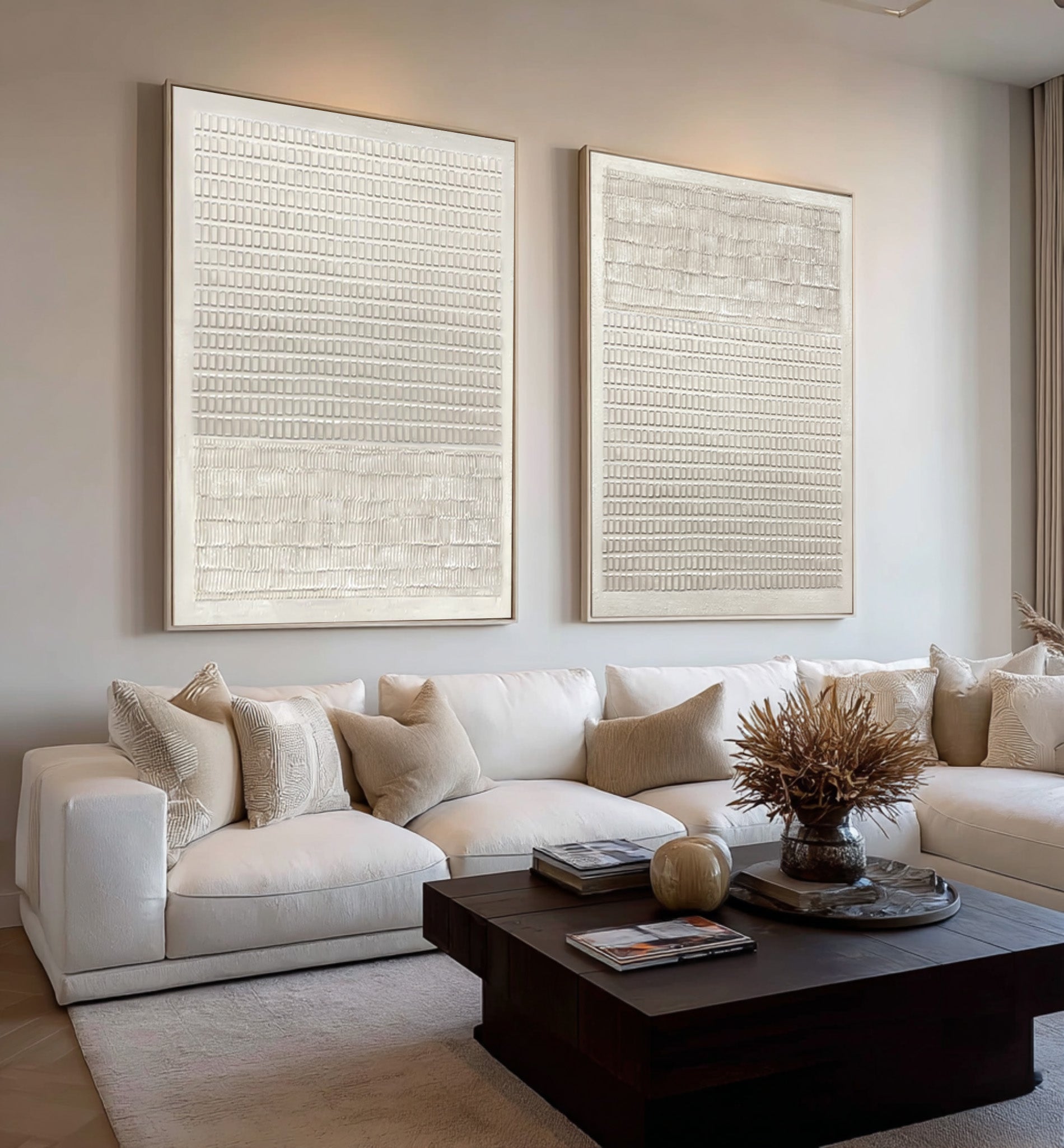 Hand Painted White Abstract Panel Art Set Of 2 #AG 033