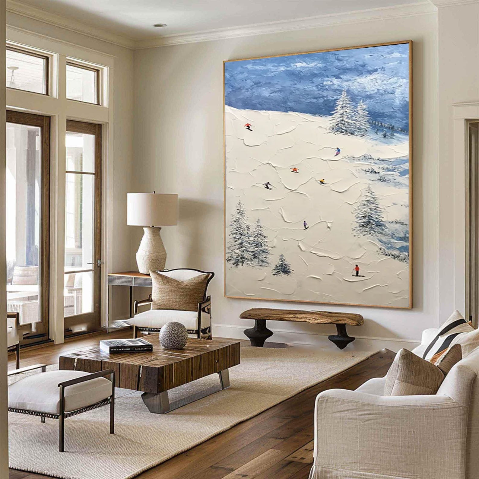 Winter Skiing Scene Wall Art Textured Canvas for Modern Mountain Home Decor #ASP 007