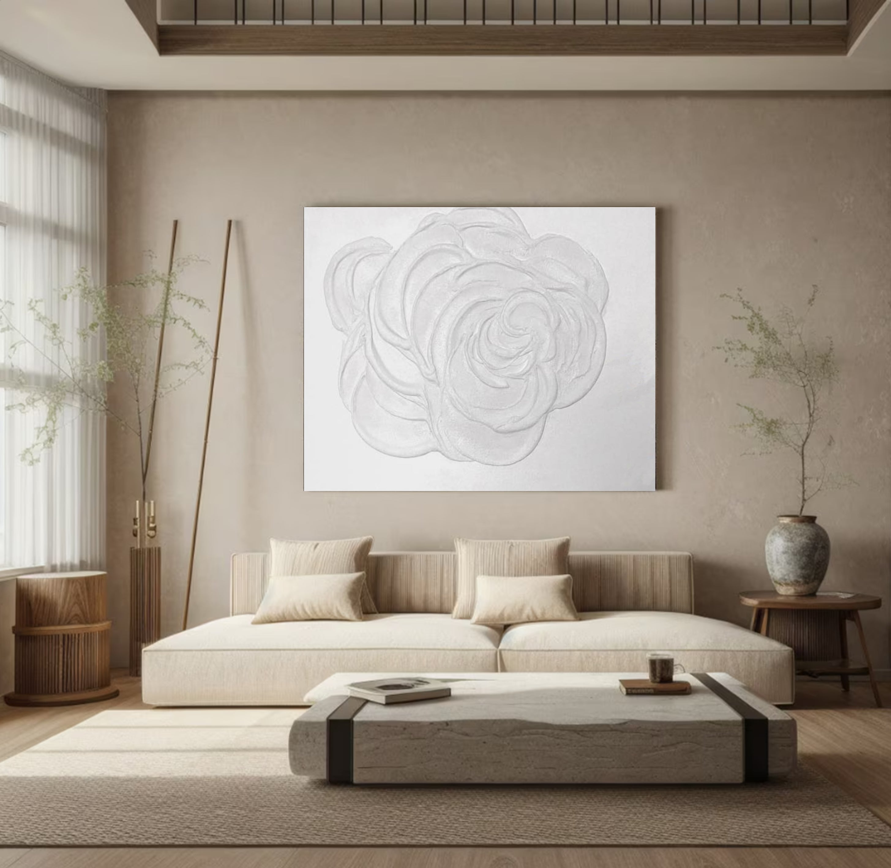 Large White Textured Rose Wall Art | Minimalist Floral Canvas #MMA 043