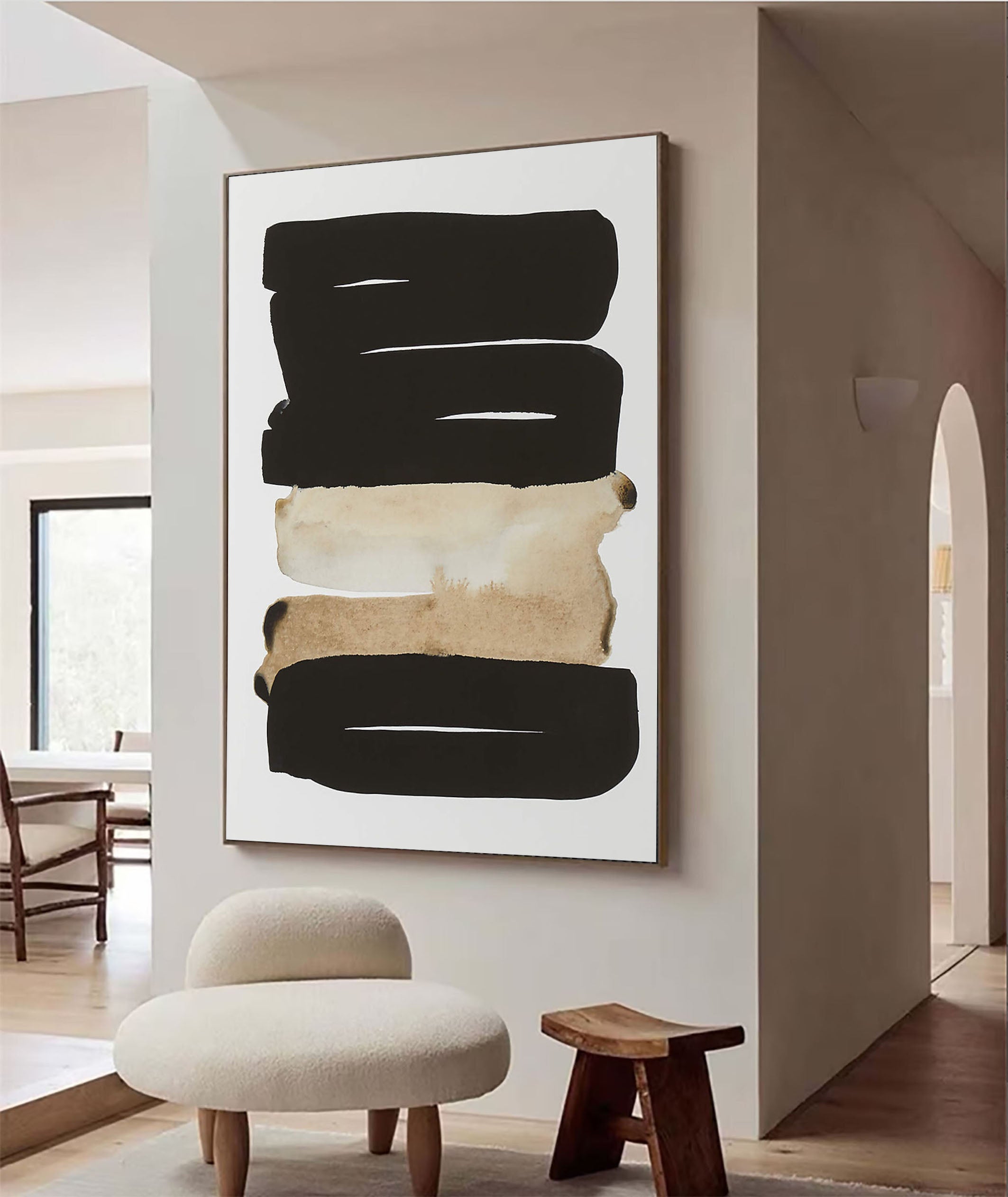 Horizontal Stripes Abstract - Black Beige Canvas Art #MMA 191