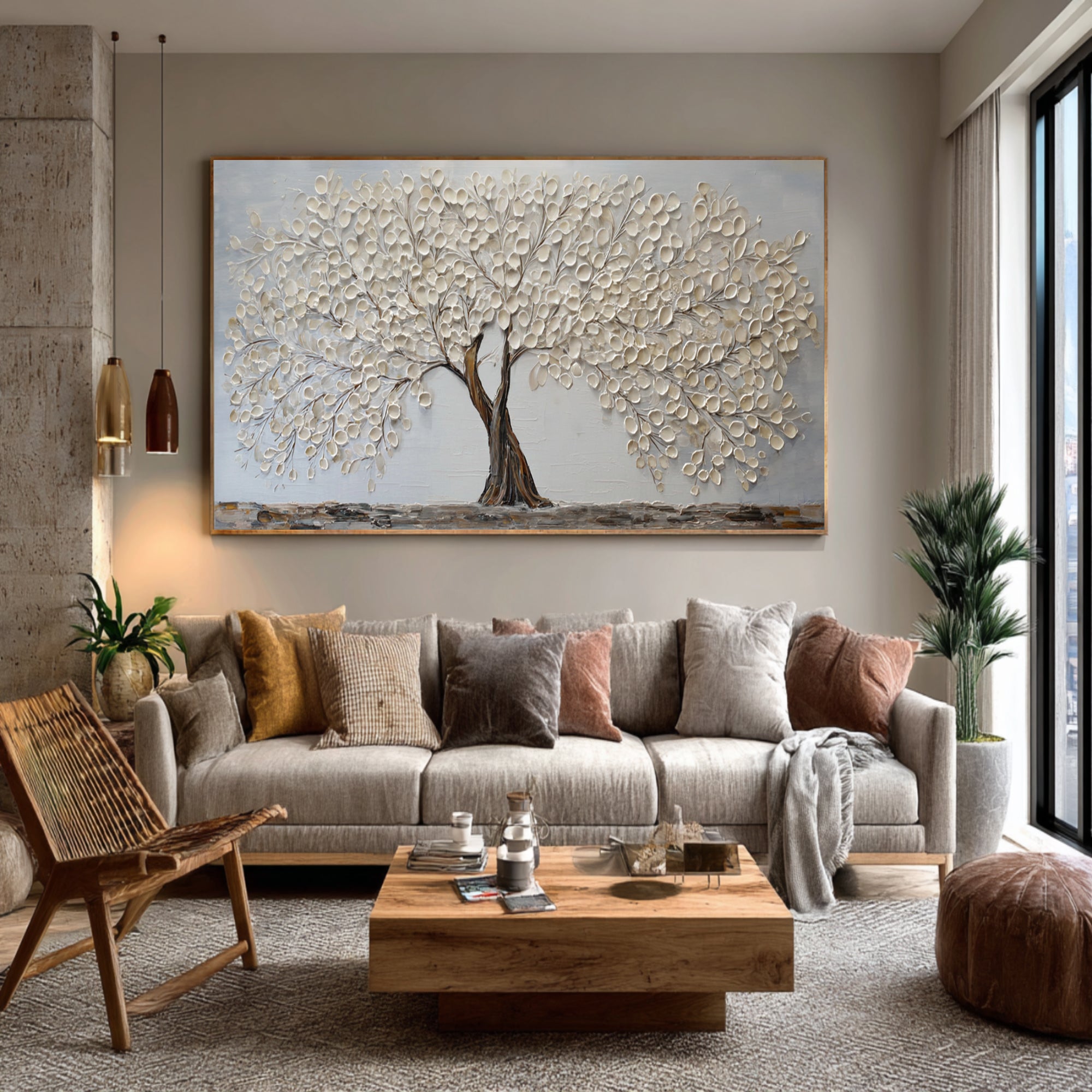 Textured Gold Leaf Tree Art Modern Living Room #AG 091