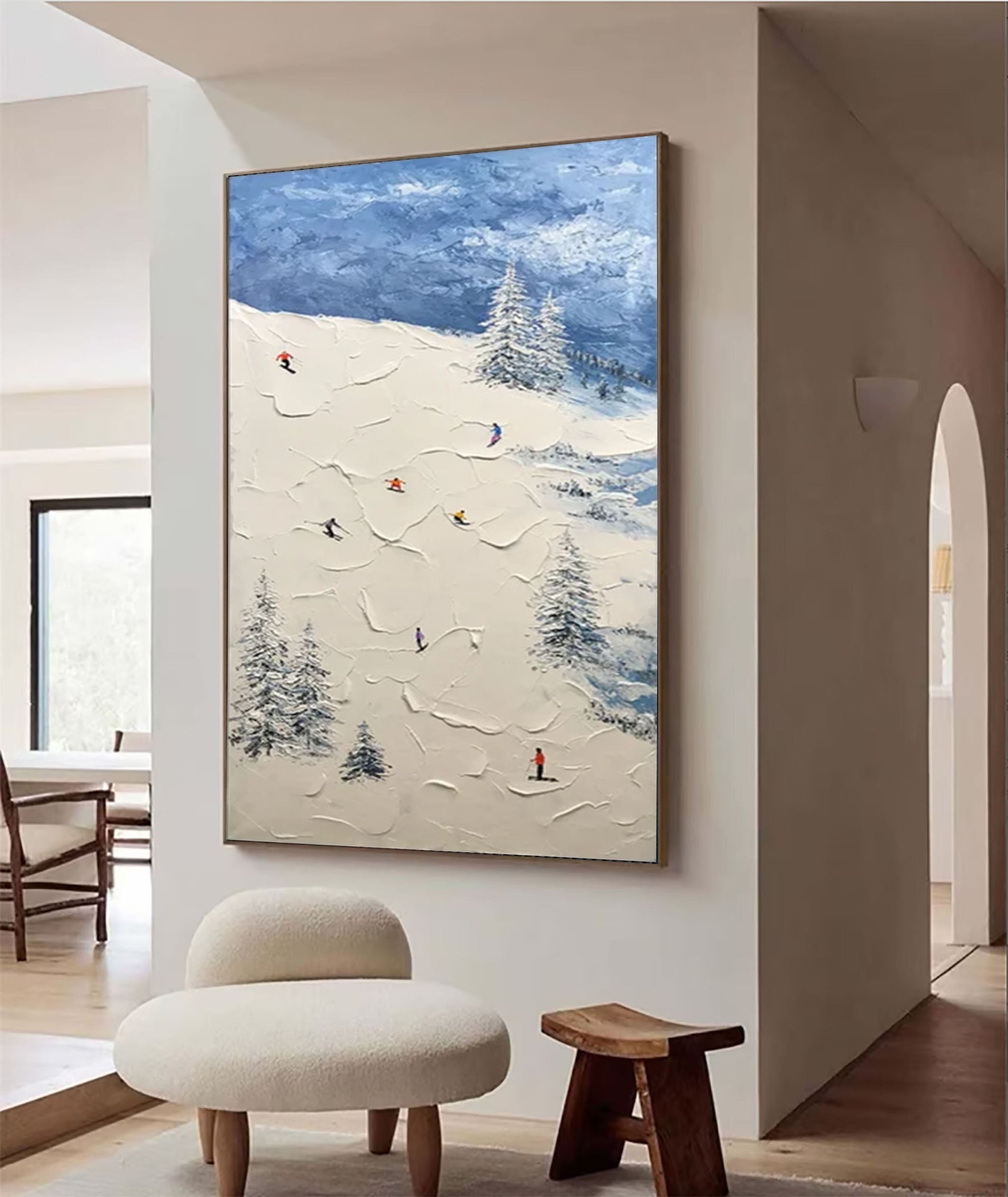Winter Skiing Scene Wall Art Textured Canvas for Modern Mountain Home Decor #ASP 007