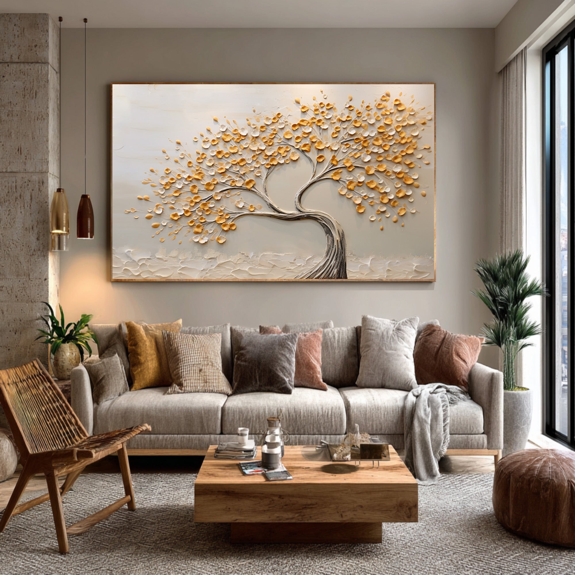 Neutral Tone Tree Artwork Hand Painted Gold Accents #AG 093