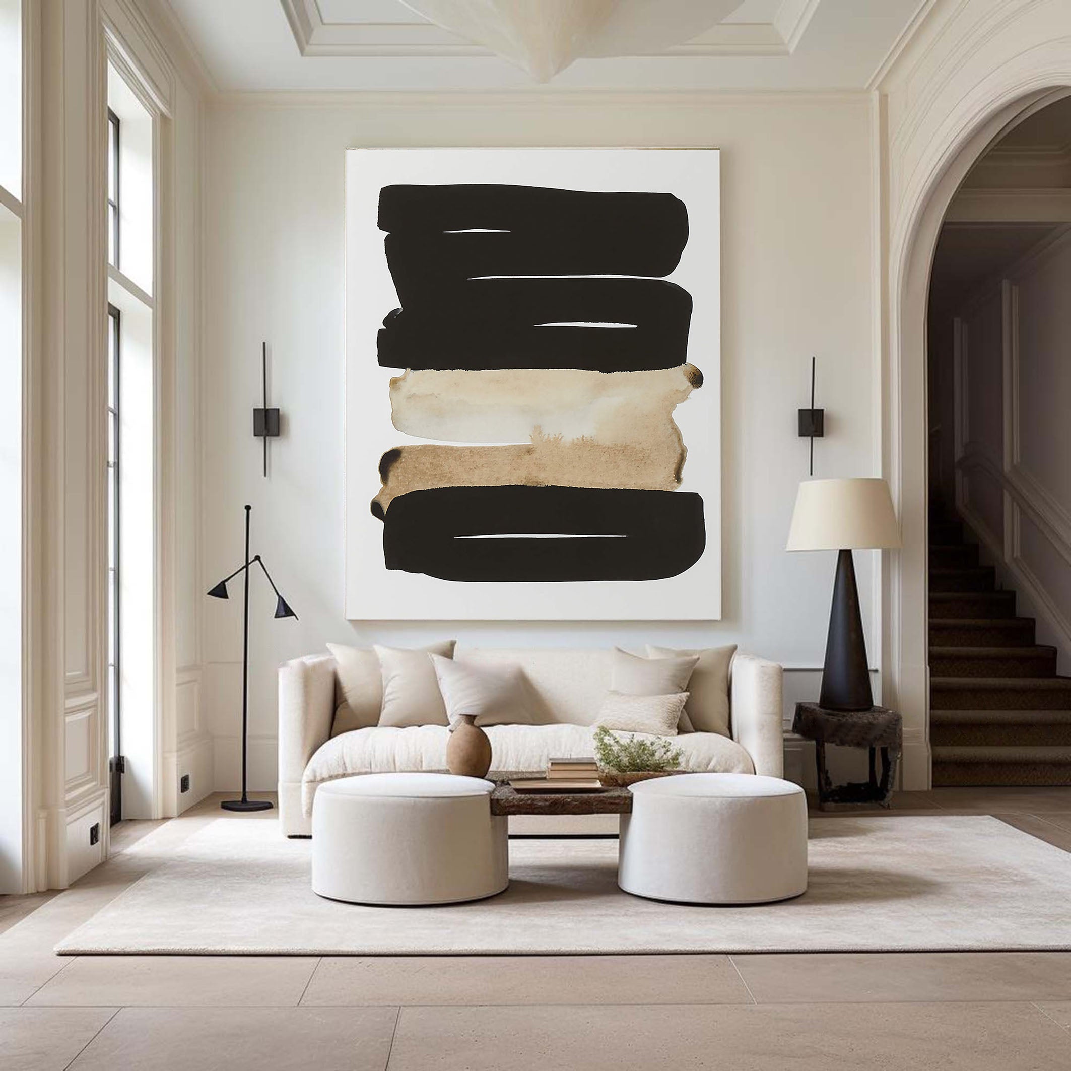Horizontal Stripes Abstract - Black Beige Canvas Art #MMA 191