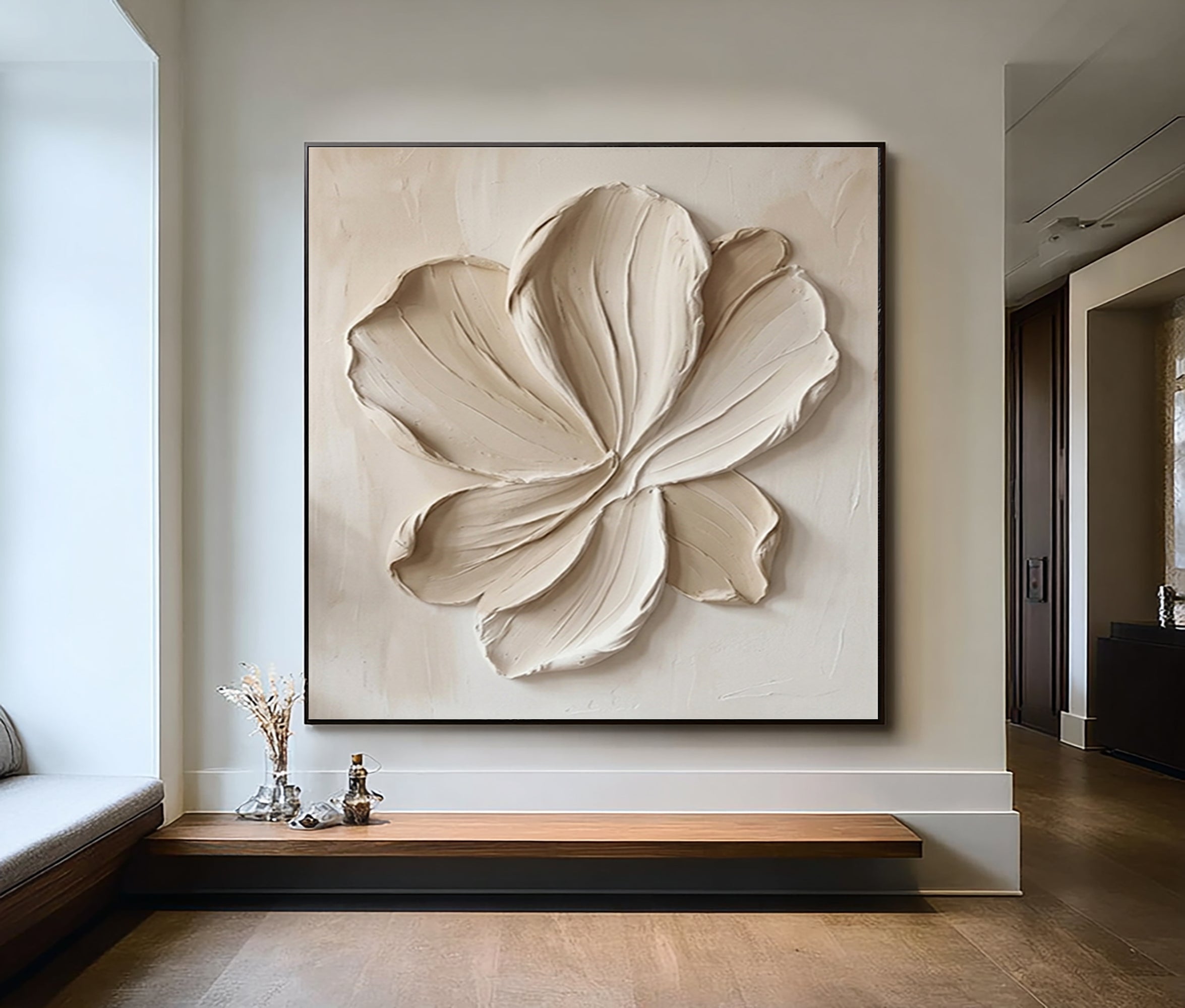 Large Organic Bloom Wall Art Neutral Contemporary Floral Texture Painting