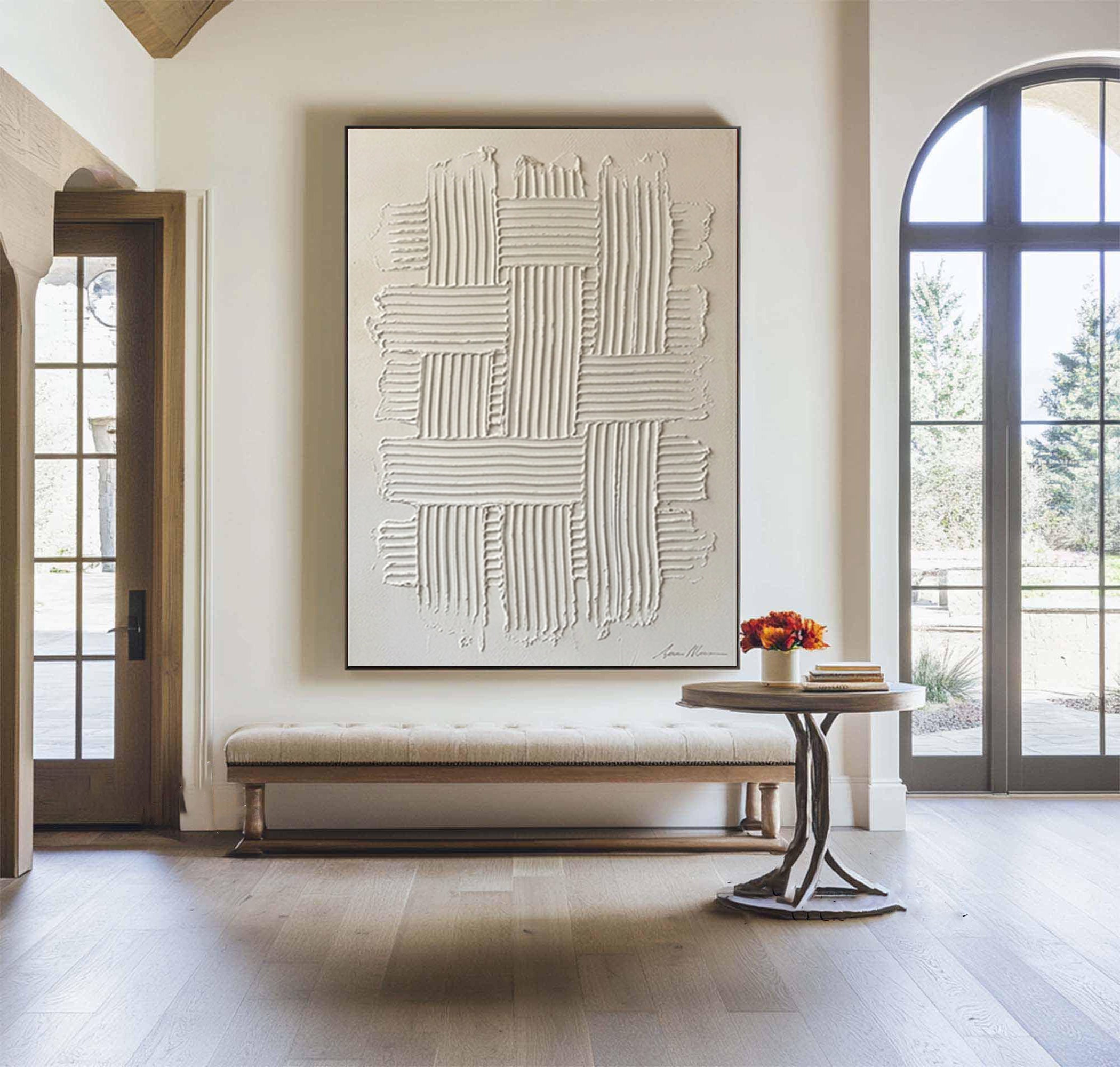 Large Luxury White Relief Painting Modern Textured Canvas Art