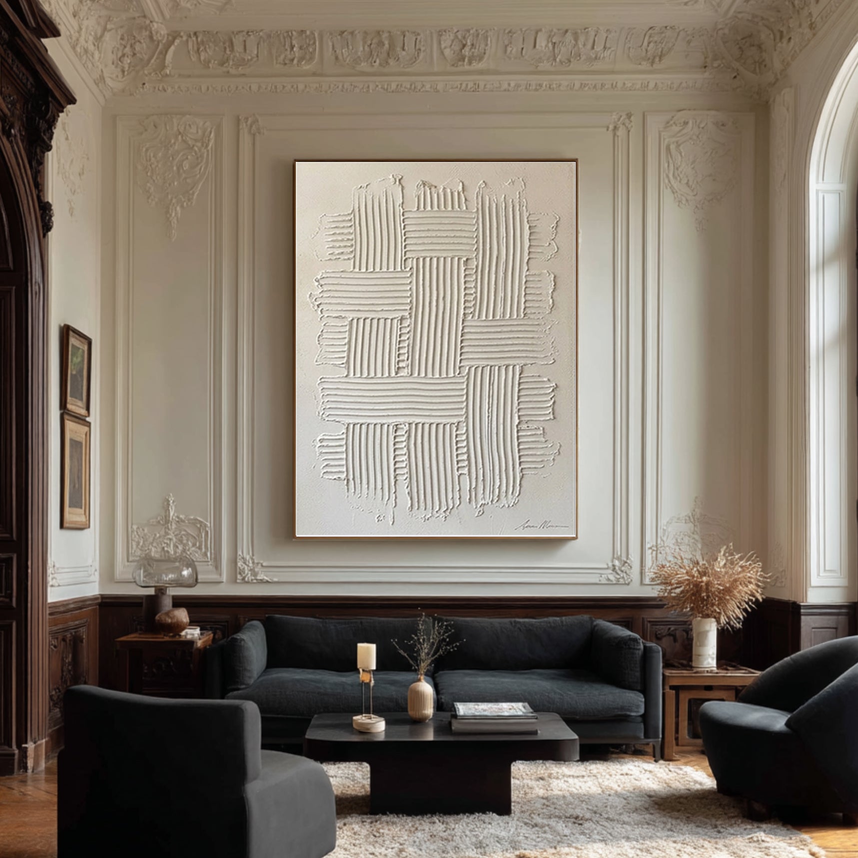 Large Luxury White Relief Painting Modern Textured Canvas Art