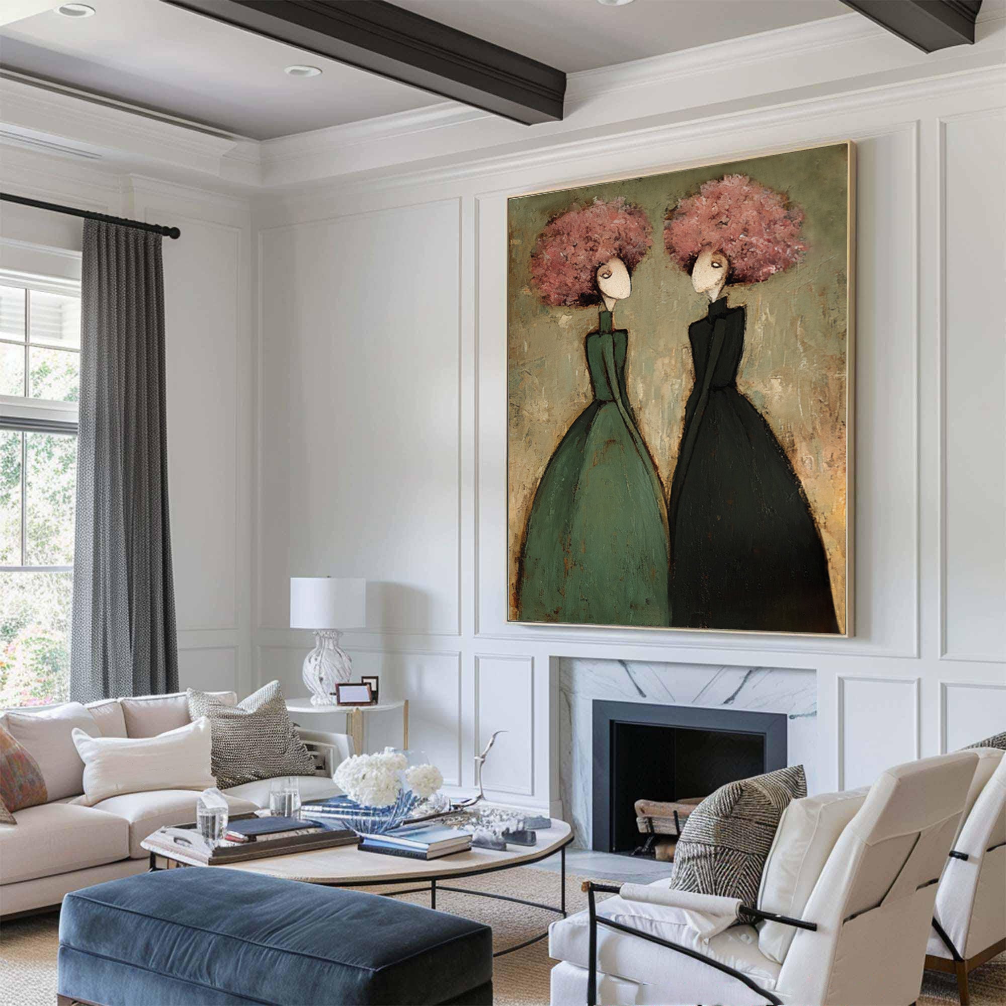 Green Figurative Oil Painting of Two Women #CZ 033