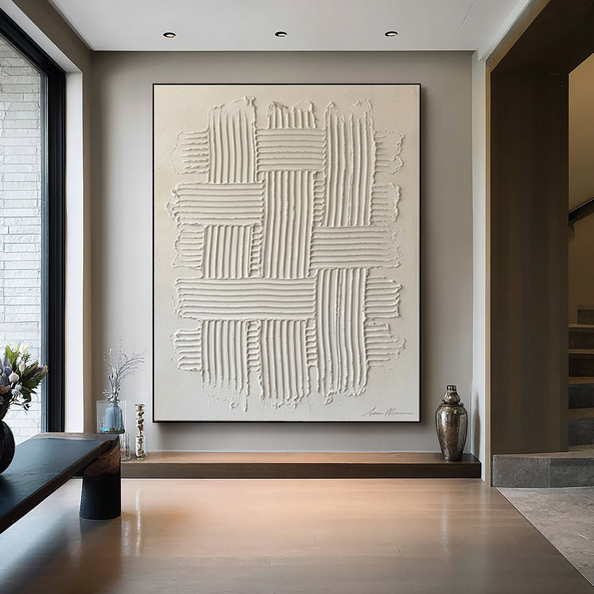 Large Luxury White Relief Painting Modern Textured Canvas Art