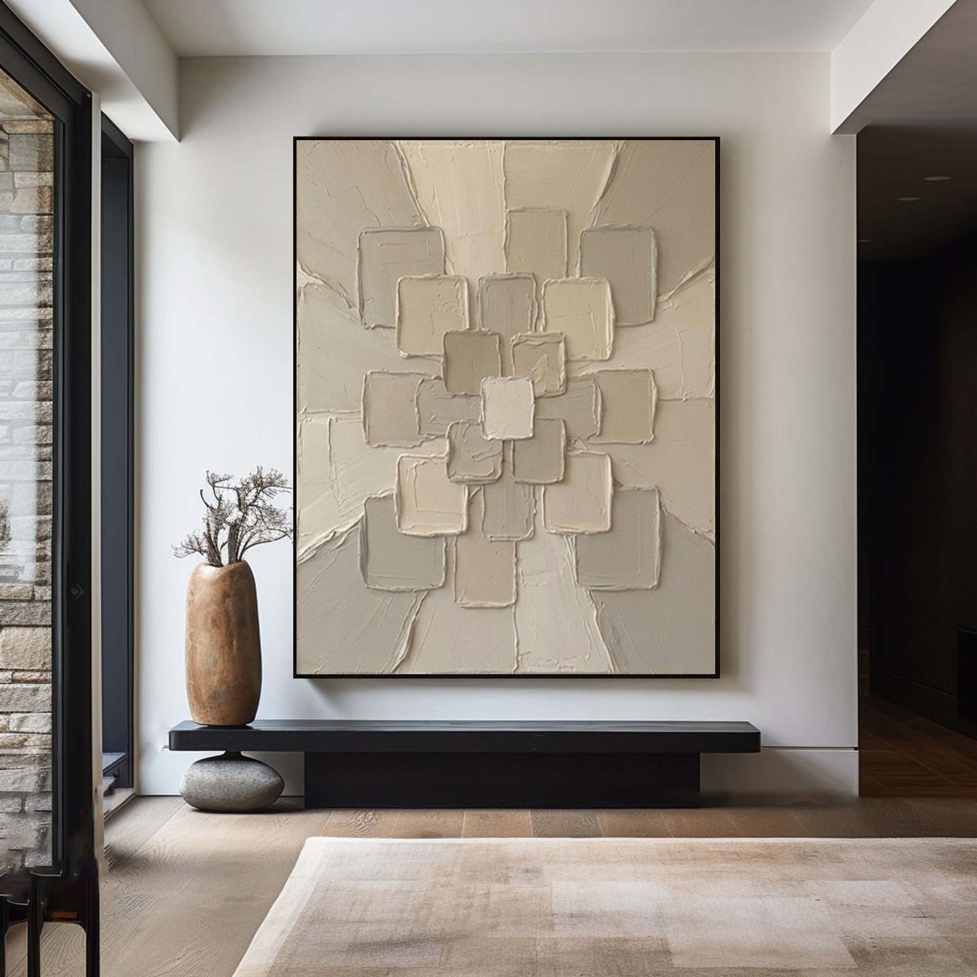 Large Beige Textured Canvas Art Contemporary Geometric Wall Decor