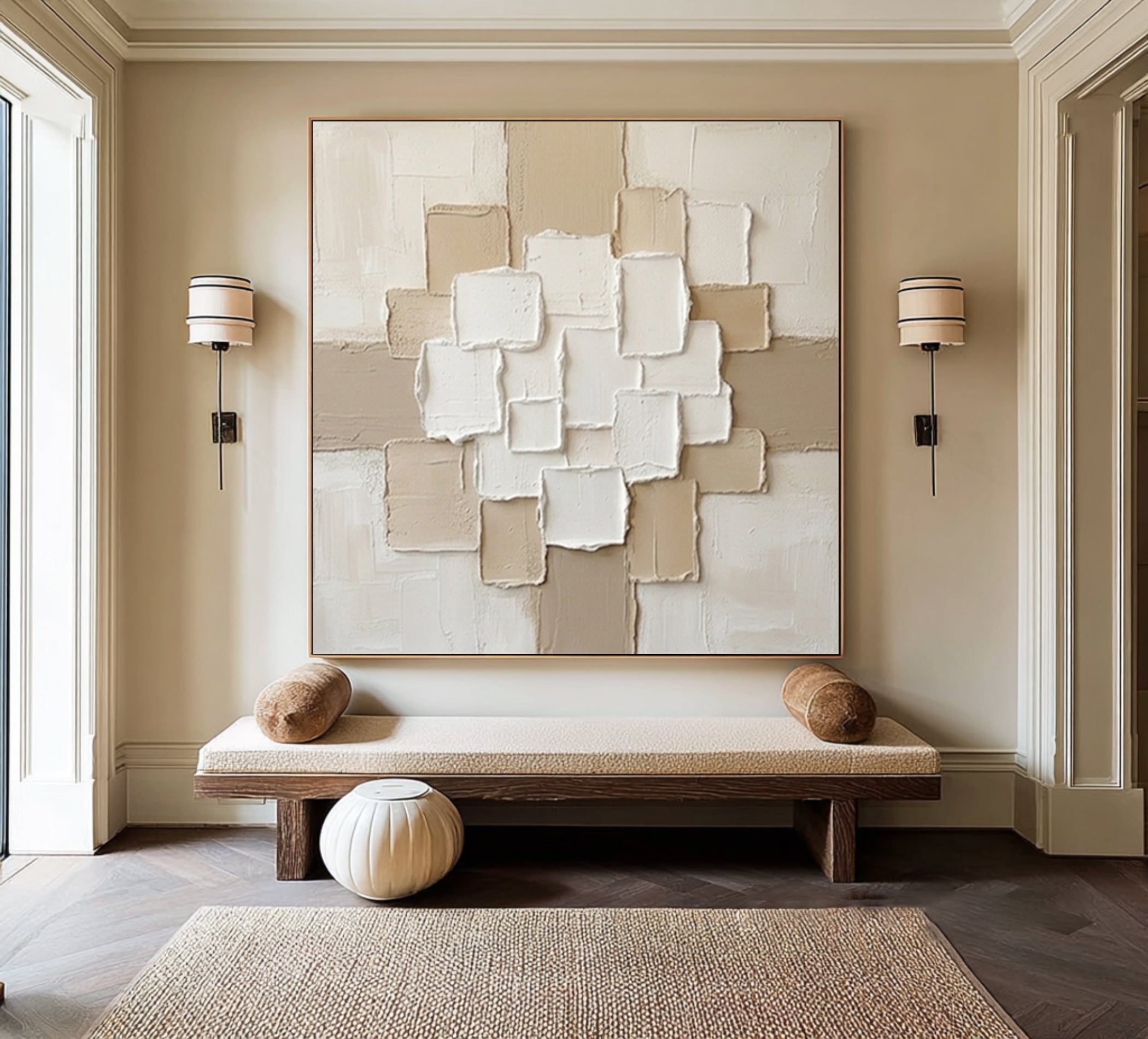 Large Layered Architectural Grid Wall Art Hand Painted Texture Painting