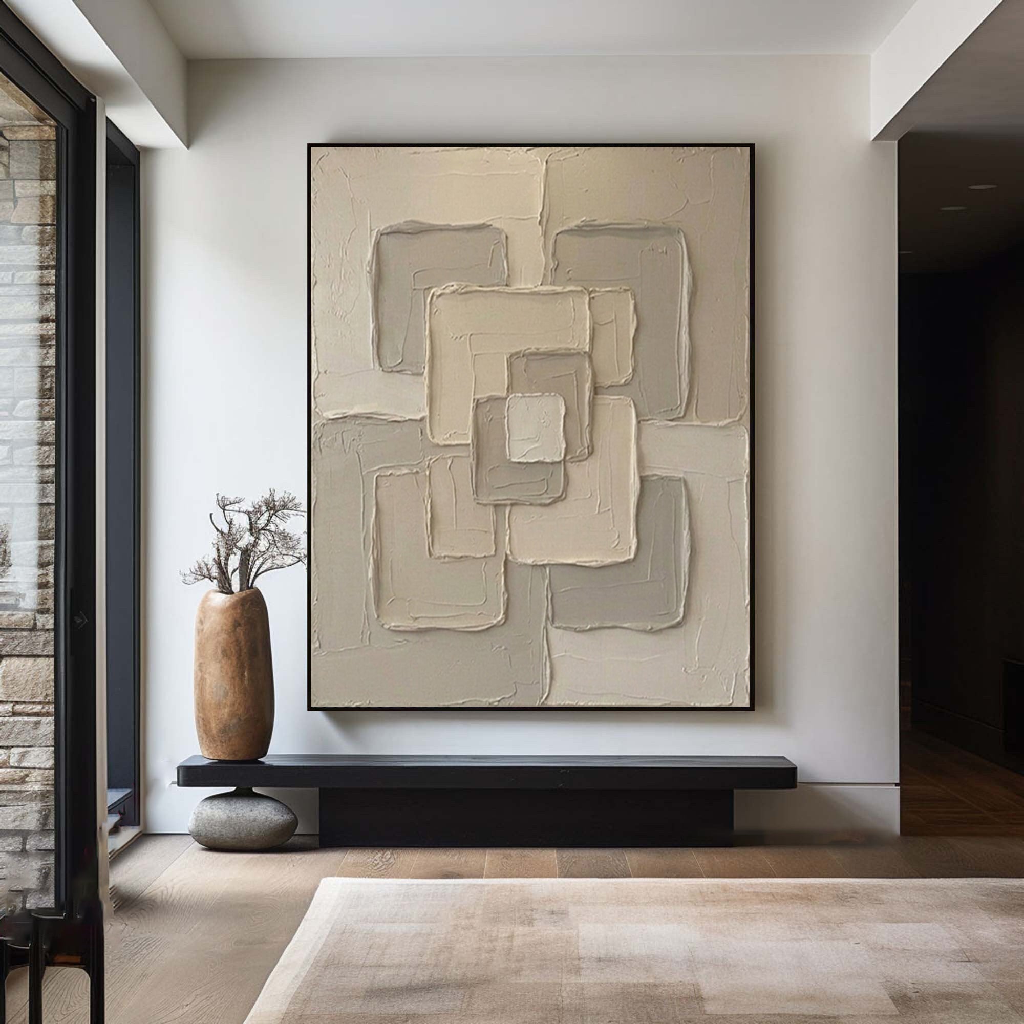 Large Beige Textured Canvas Art Modern Geometric Wall Decor