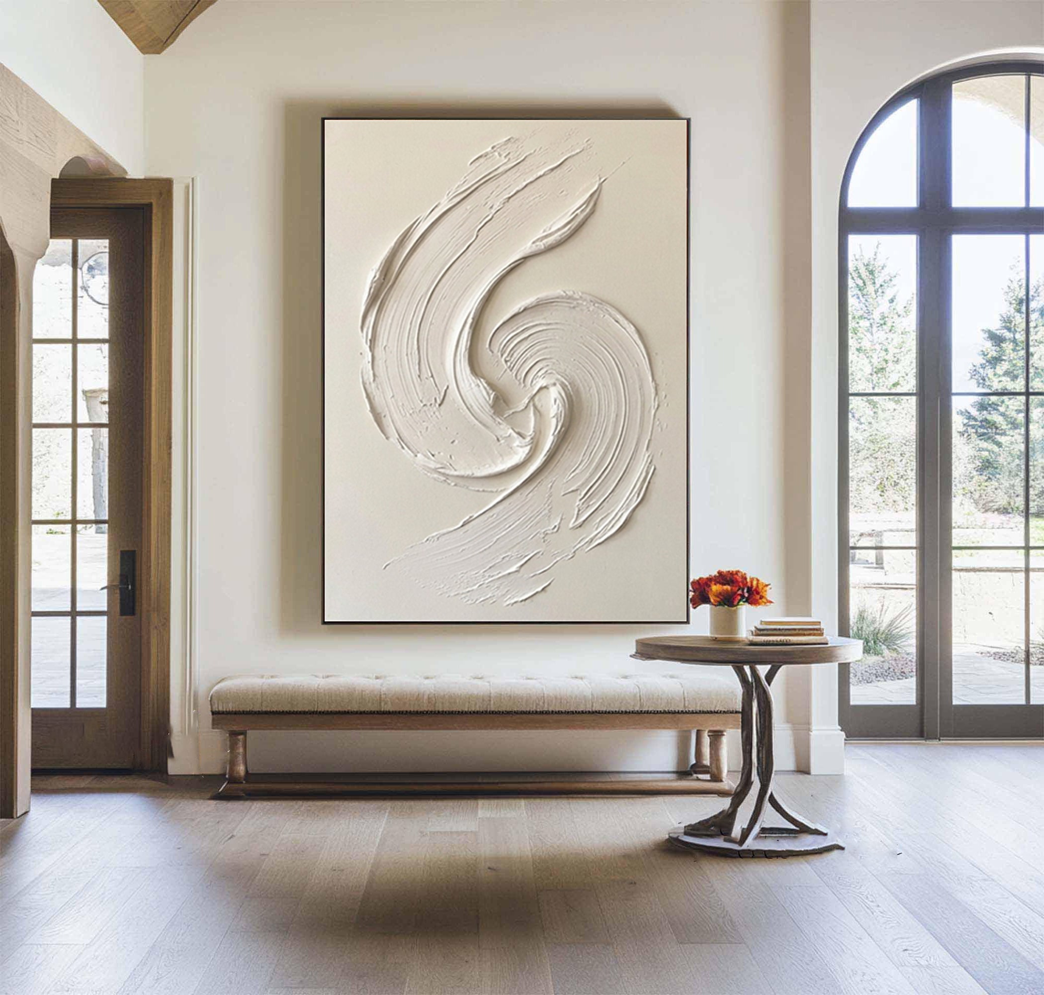 Large Sculptural White Relief Wall Art Handmade Texture Canvas