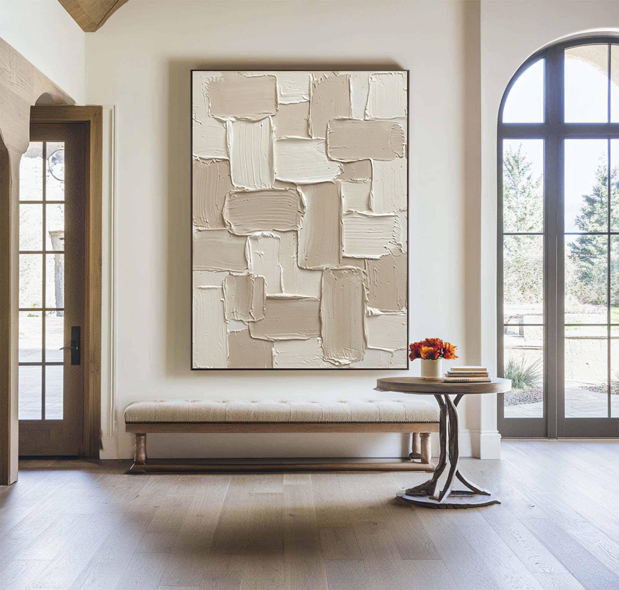 Large Handcrafted Cream Texture Canvas Art with Minimalist Geometric Design