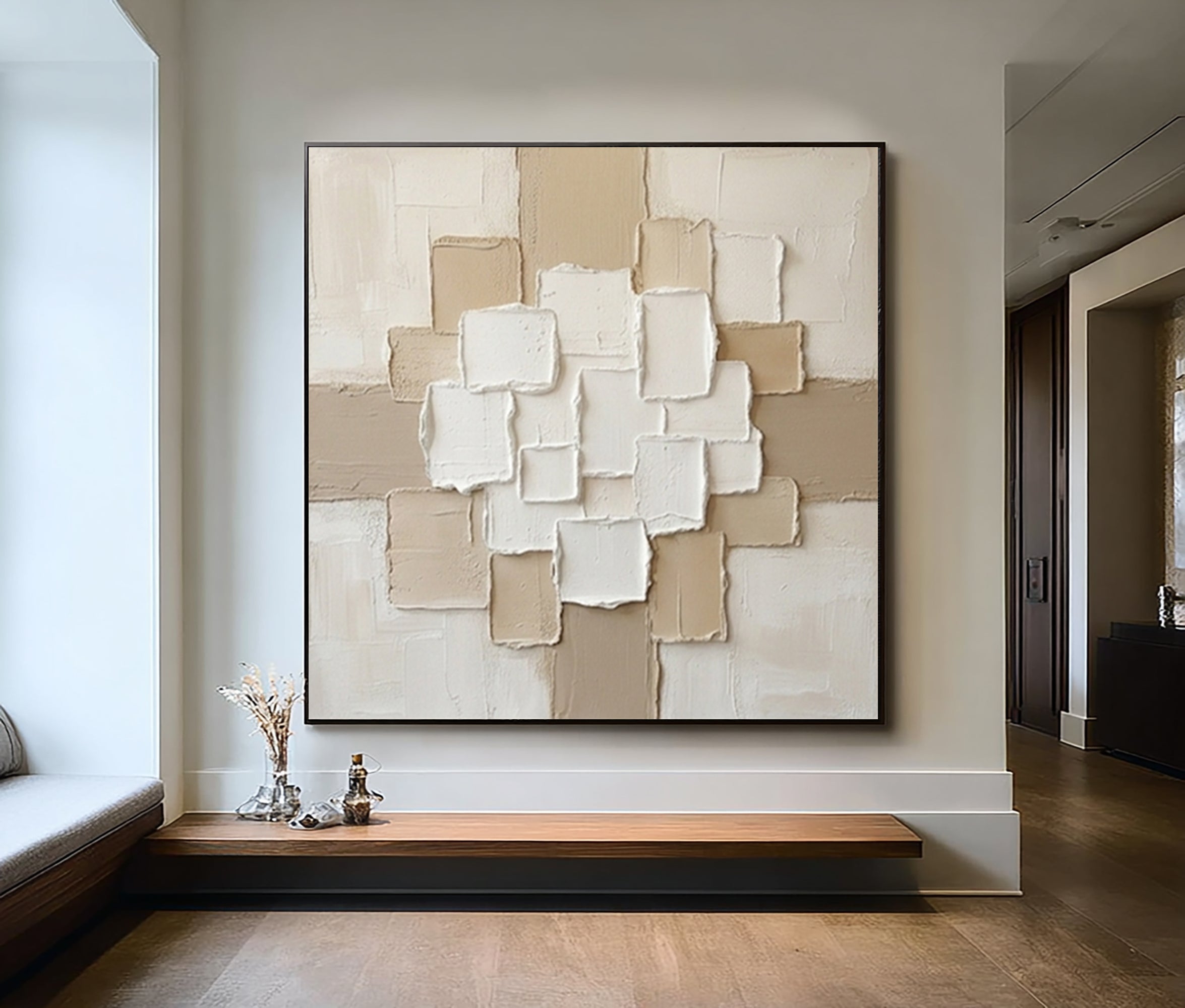 Large Layered Architectural Grid Wall Art Hand Painted Texture Painting