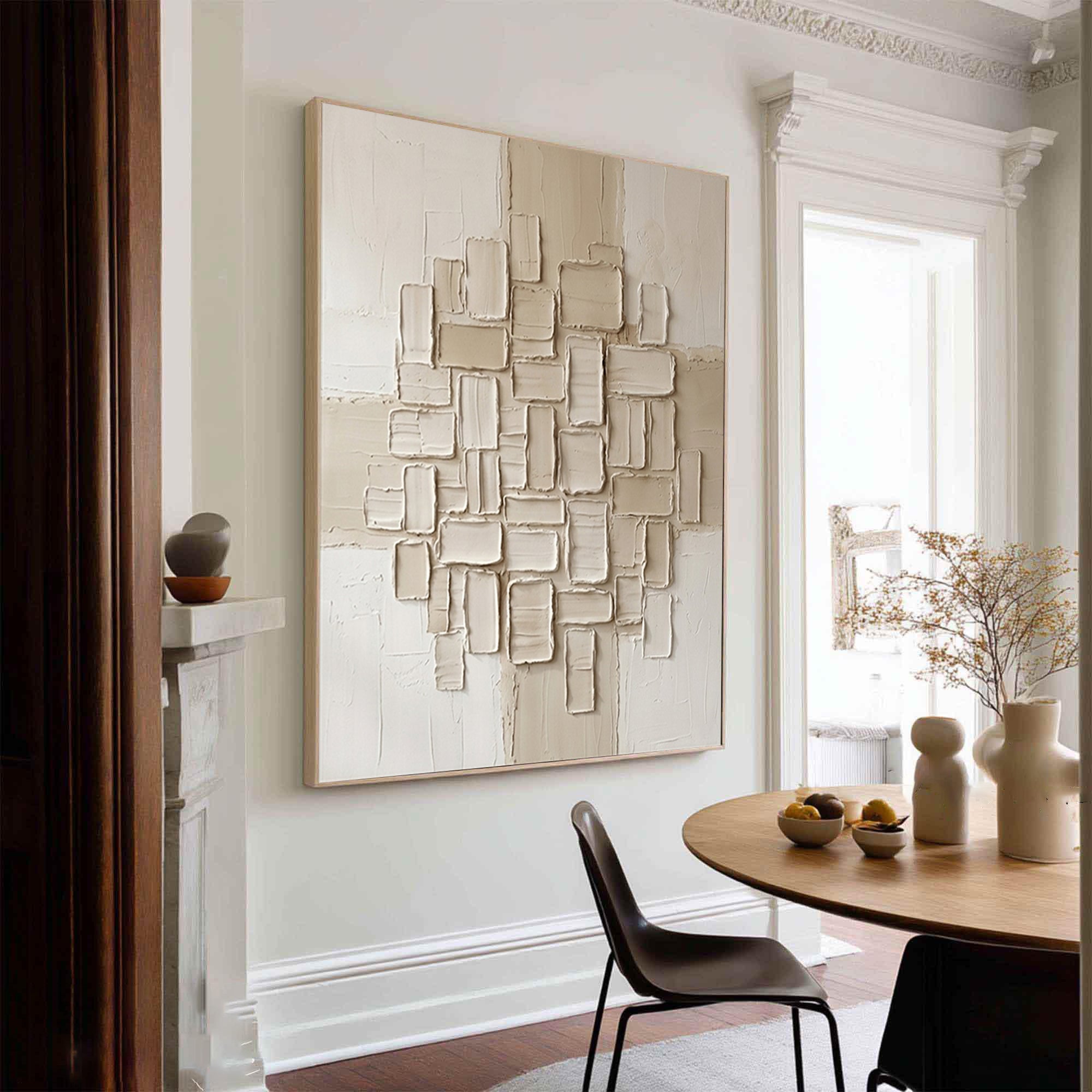 Large Hand-Painted Abstract Relief Wall Art in Ivory and Cream Tones