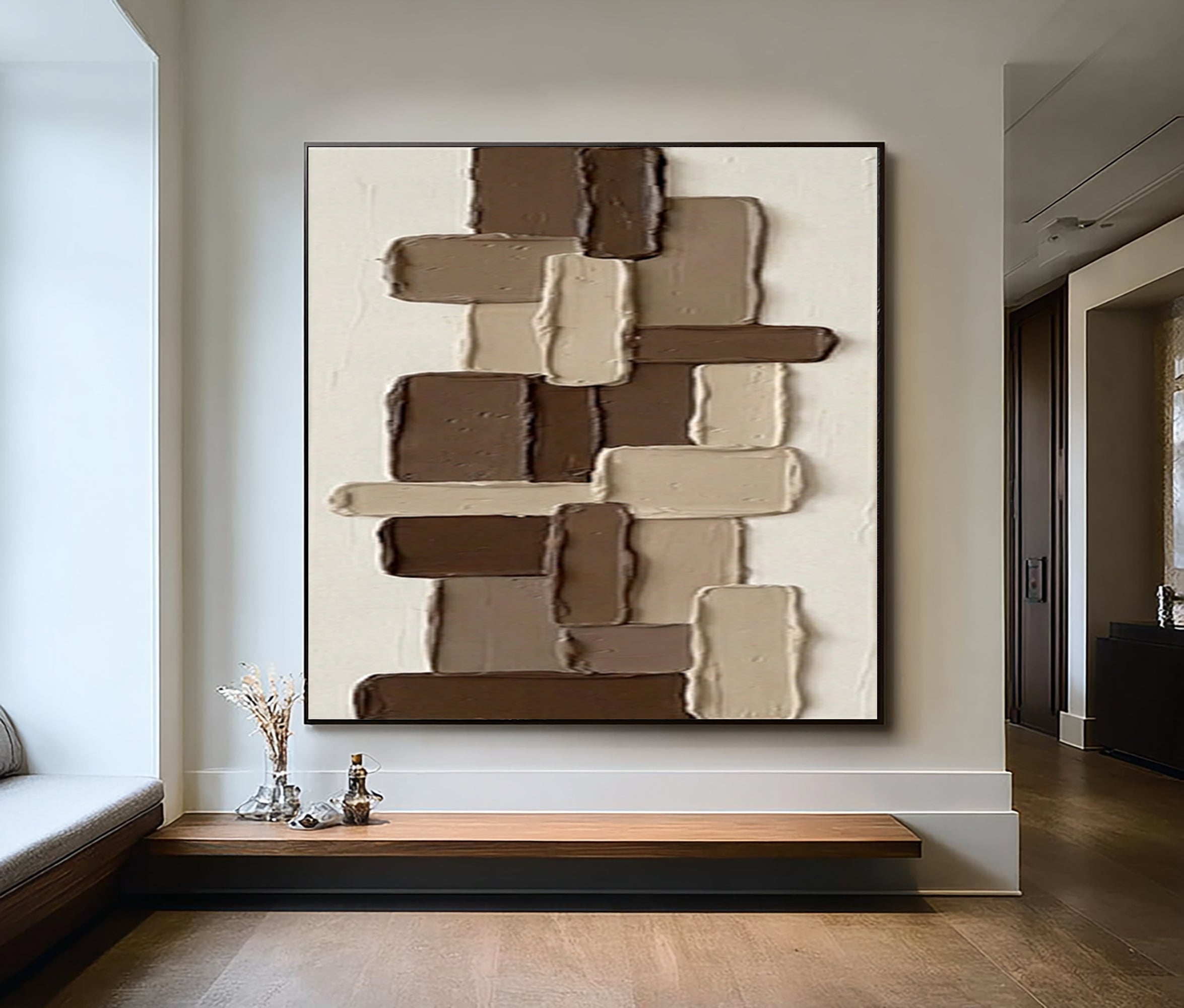 Large Brown Textured Abstract Wall Art Hand Painted Geometric Canvas