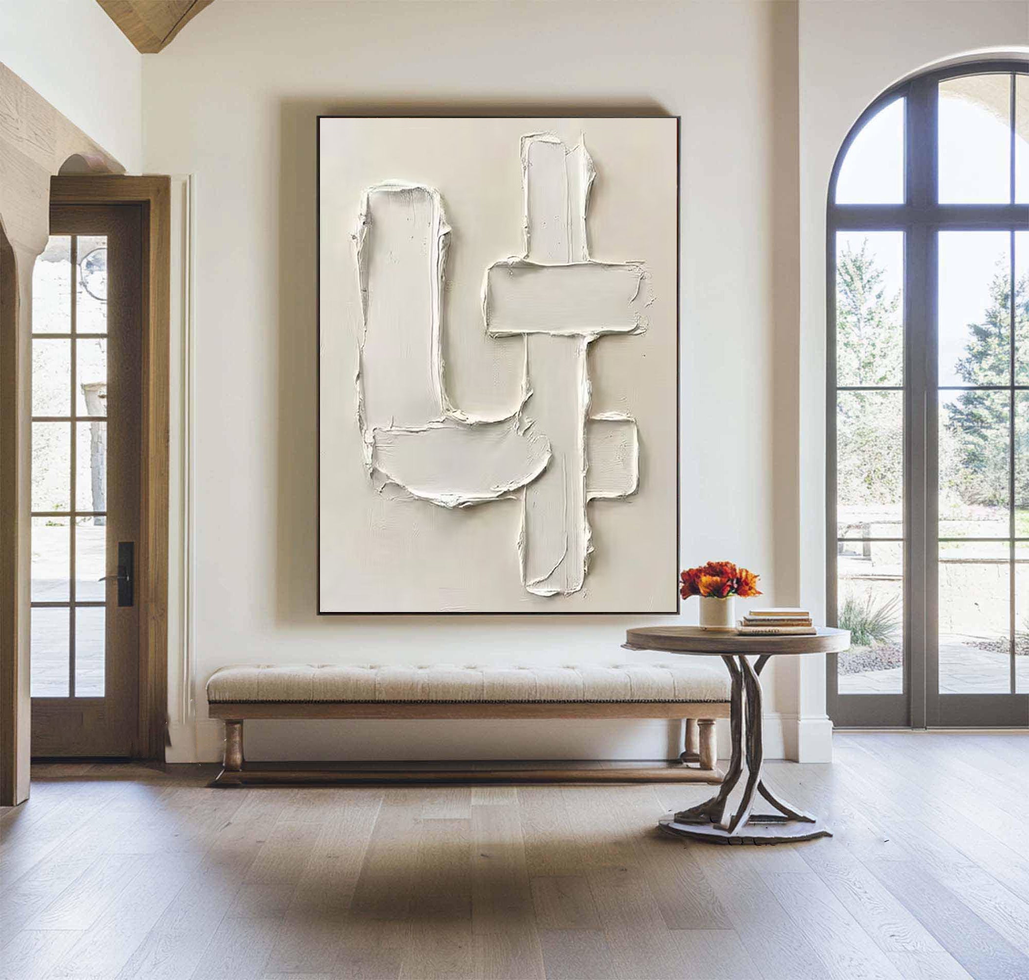 Large Contemporary Abstract Texture Painting in Soft Ivory and Beige
