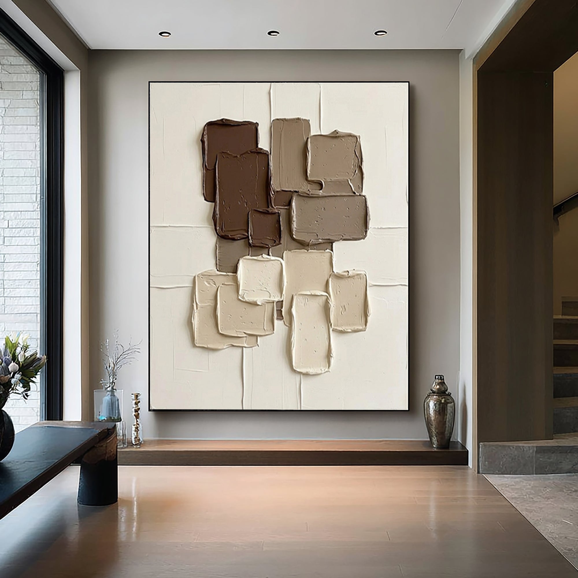 Large Coffee Brown Geometric Texture Canvas Art Contemporary Wall Decor