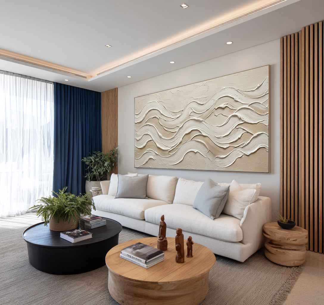 Large Neutral Textured Wall Art Modern Beige Wave Canvas Painting | KeiraArt