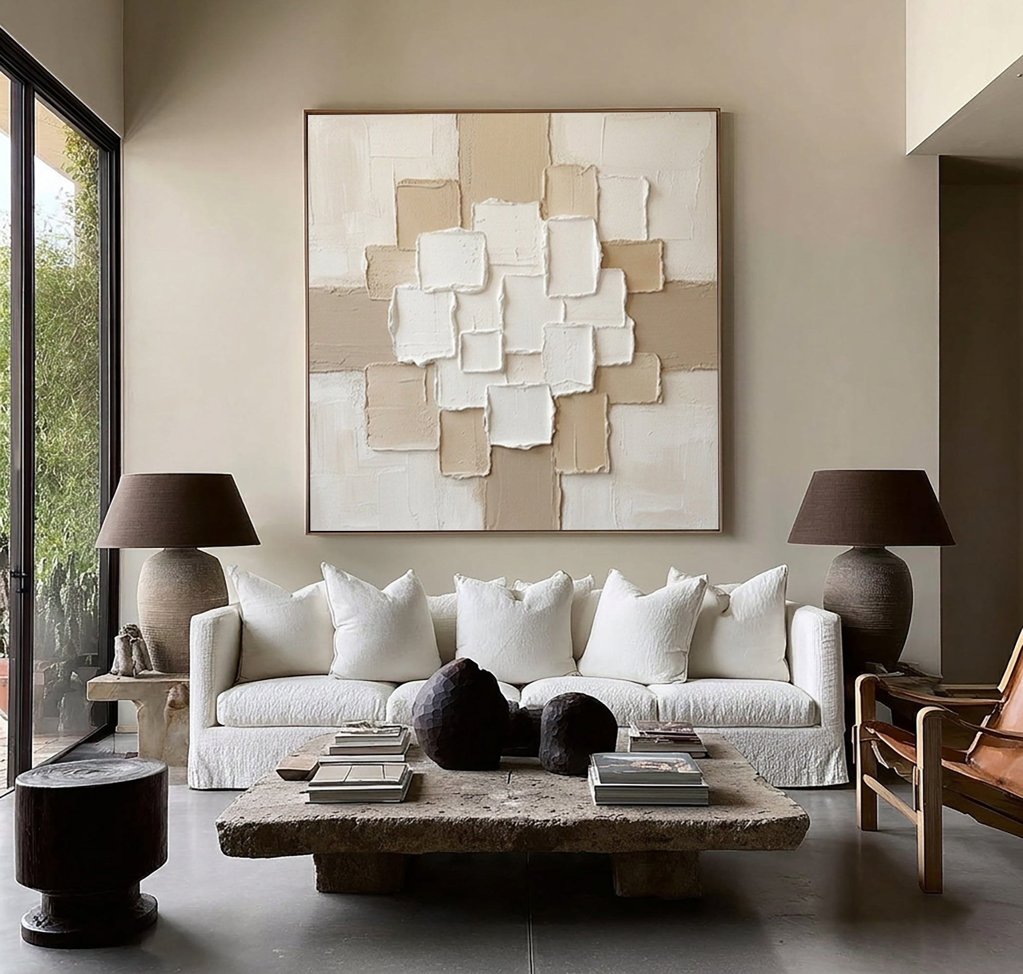 Large Layered Architectural Grid Wall Art Hand Painted Texture Painting