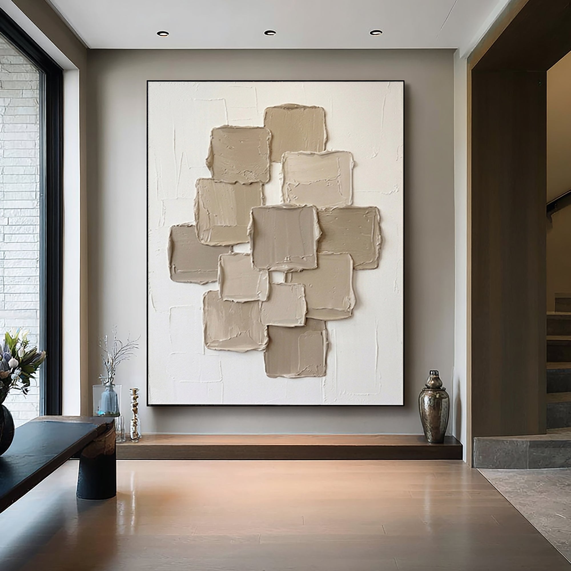 Large Neutral Cluster Textured Canvas Art Minimalist Architectural Wall Decor