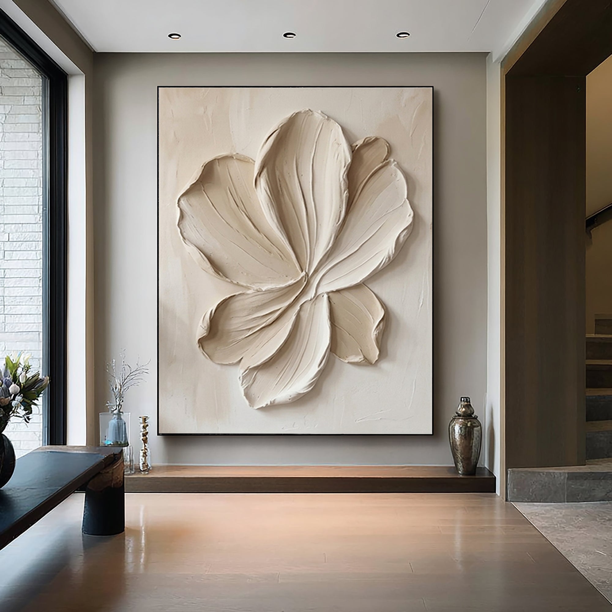 Large Beige Petal Relief Canvas Art Contemporary Neutral Wall Decor