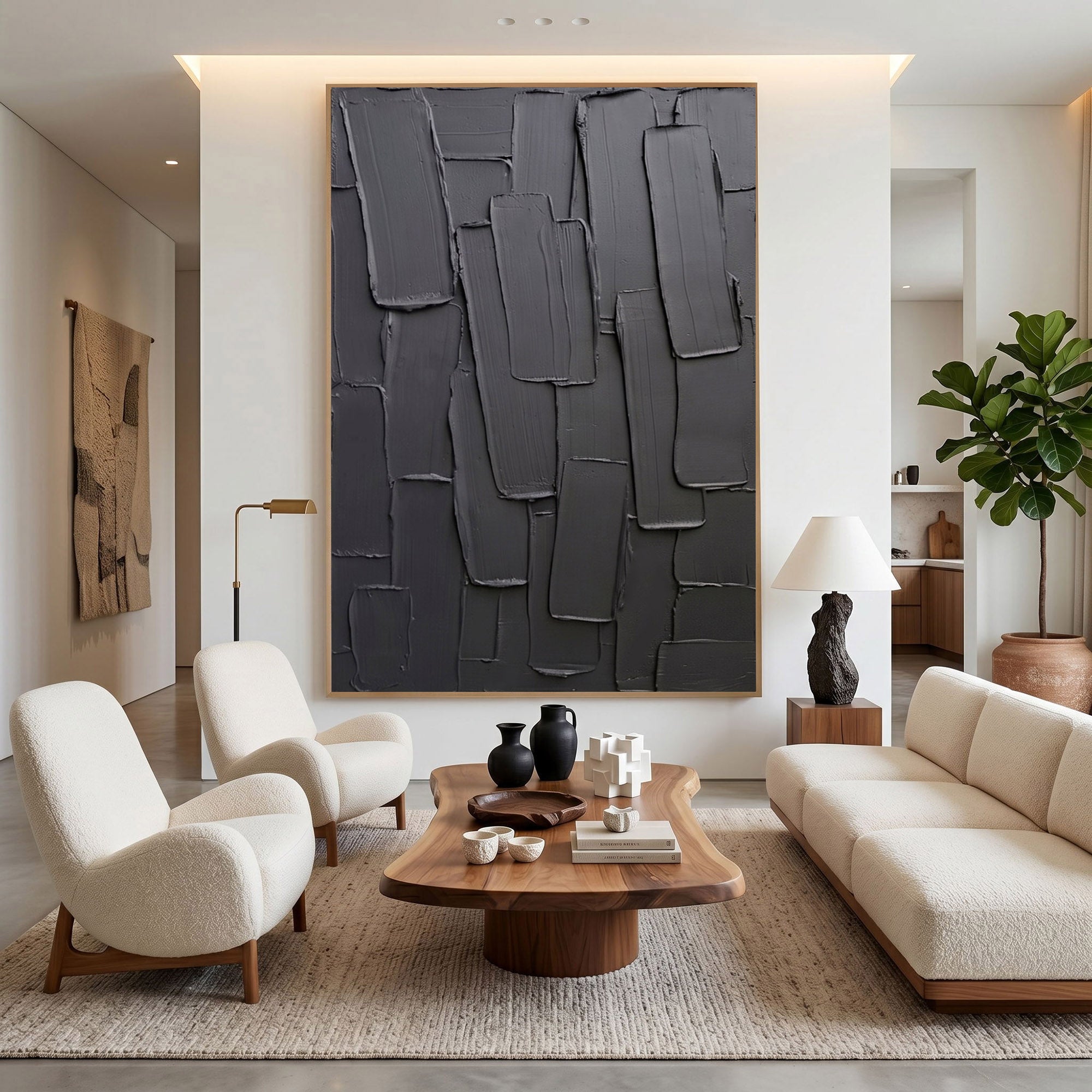 Large Charcoal Textured Wall Art Abstract Oil Painting Modern Impasto Minimalist Luxury Interior Decor