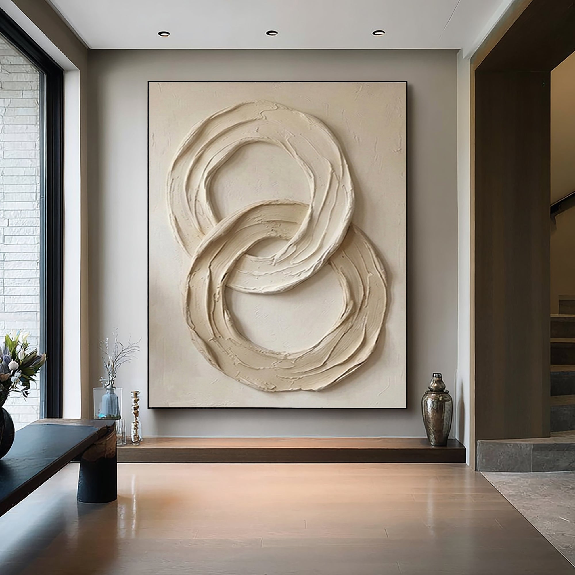 Large Hand-Painted Neutral Texture Painting | Modern Sculptural Circle Wall Decor