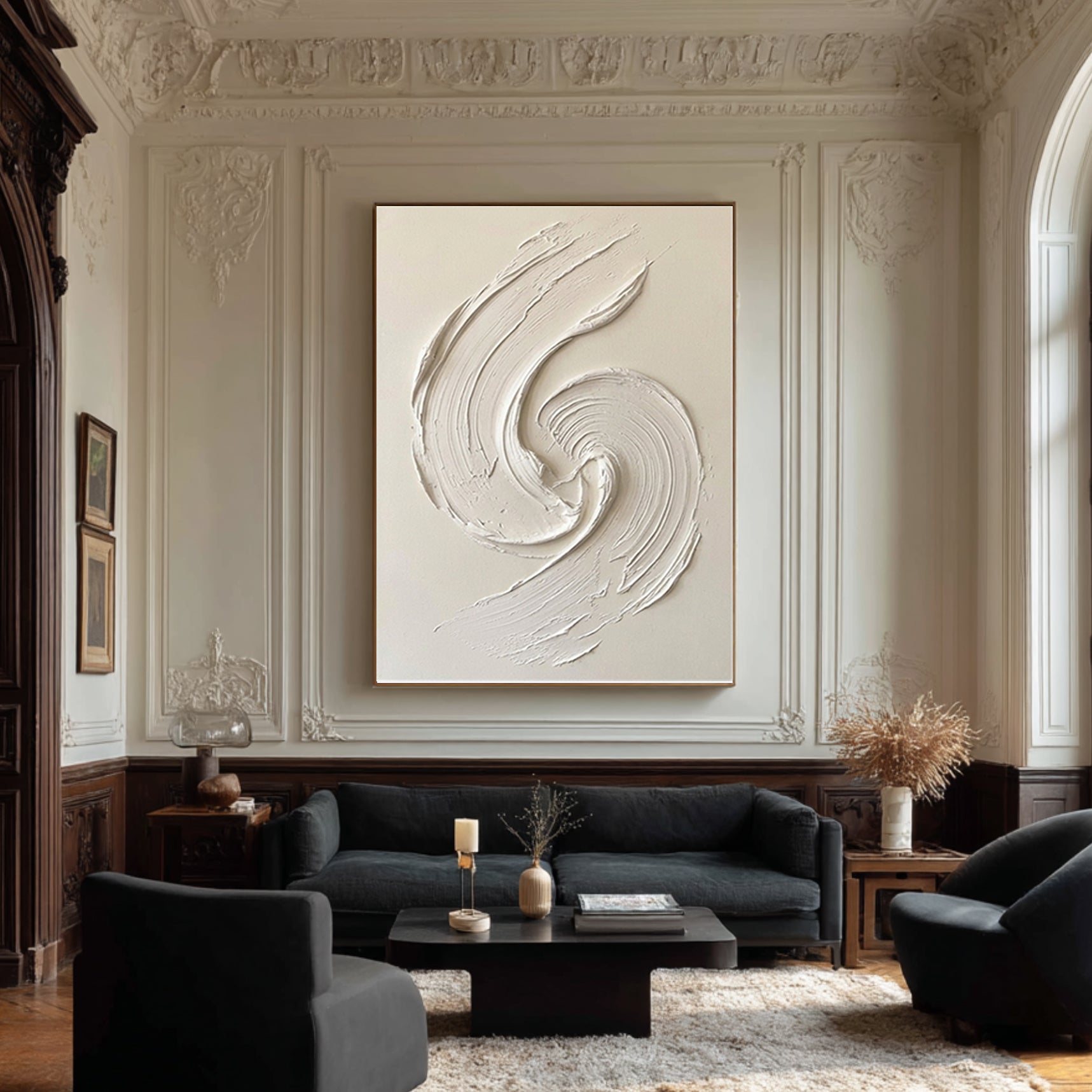 Large Sculptural White Relief Wall Art Handmade Texture Canvas
