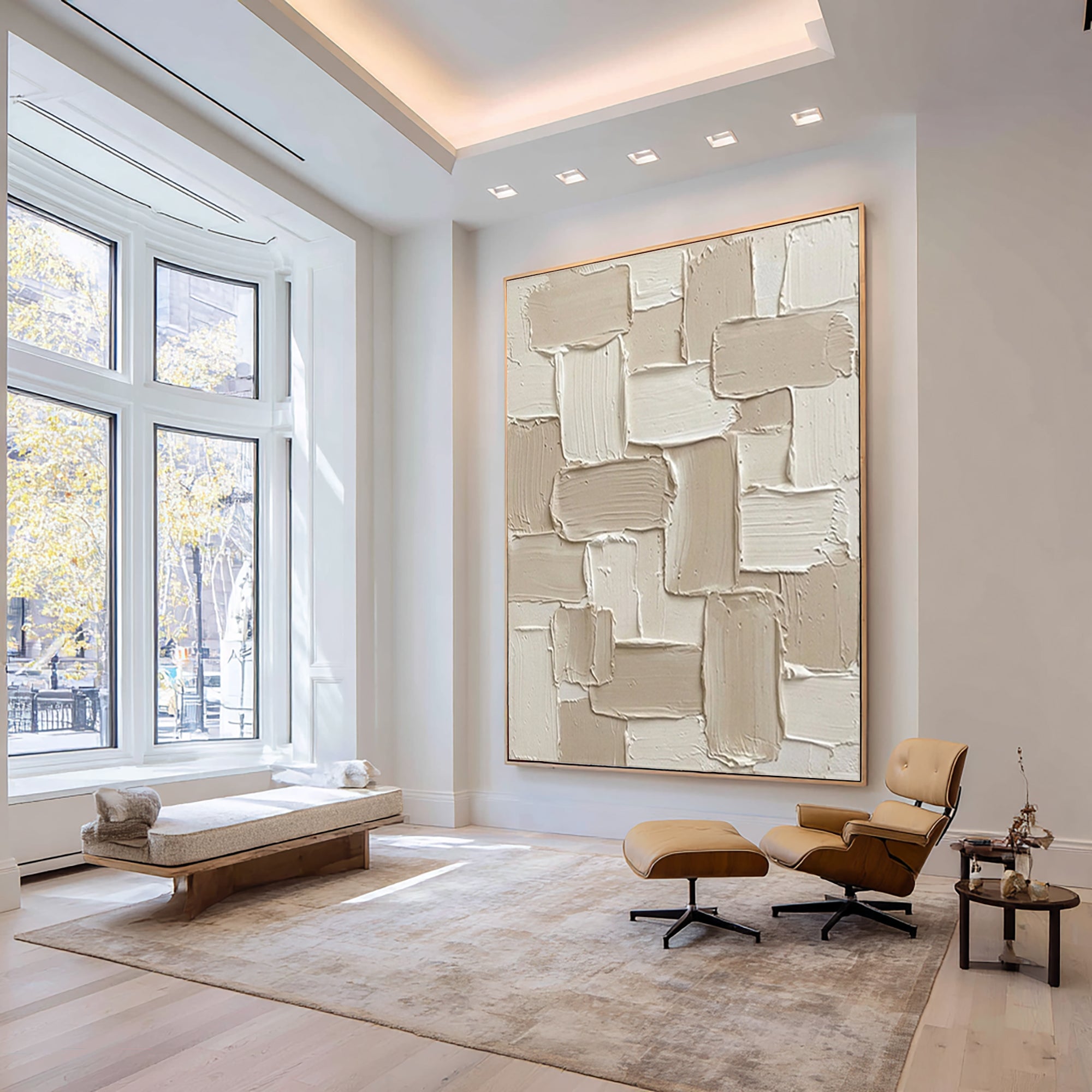 Large Handcrafted Cream Texture Canvas Art with Minimalist Geometric Design