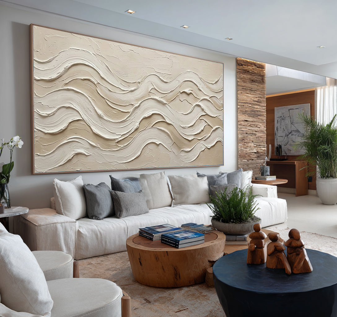 Large Neutral Textured Wall Art Modern Beige Wave Canvas Painting | KeiraArt