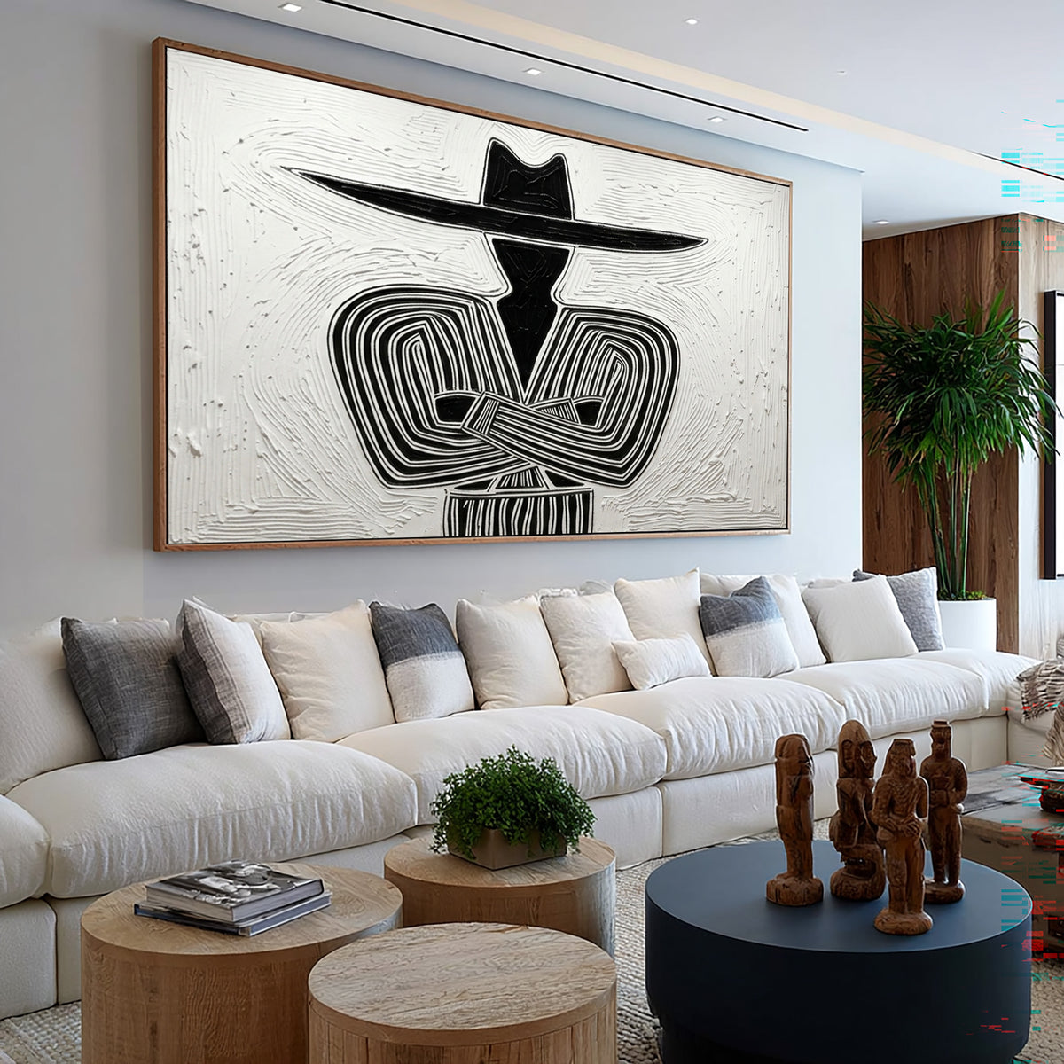 Large Textured Western Cowboy Painting Black White Rustic Wall Art