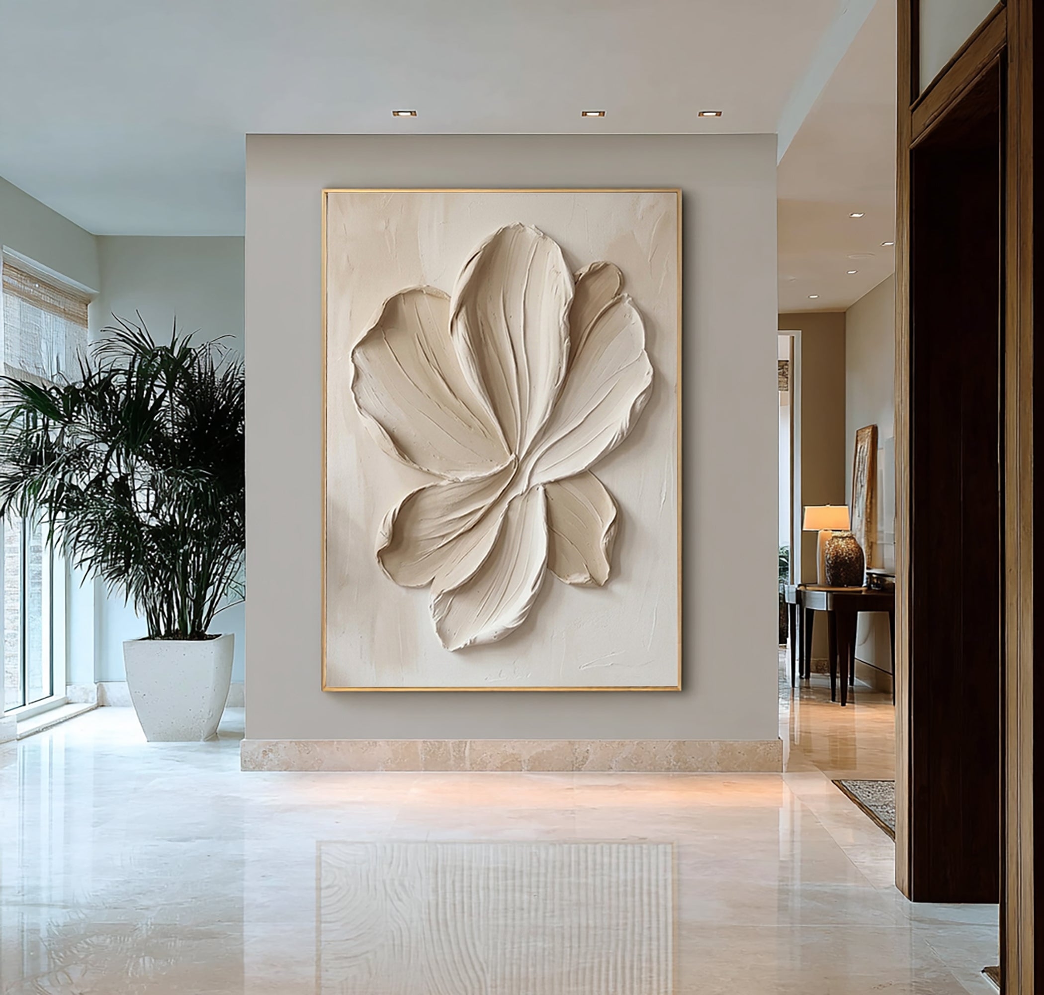 Large Beige Petal Relief Canvas Art Contemporary Neutral Wall Decor