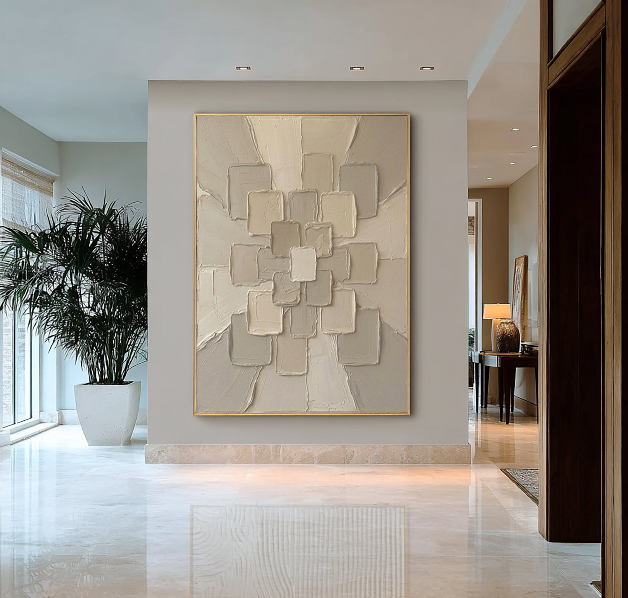 Large Beige Textured Canvas Art Contemporary Geometric Wall Decor