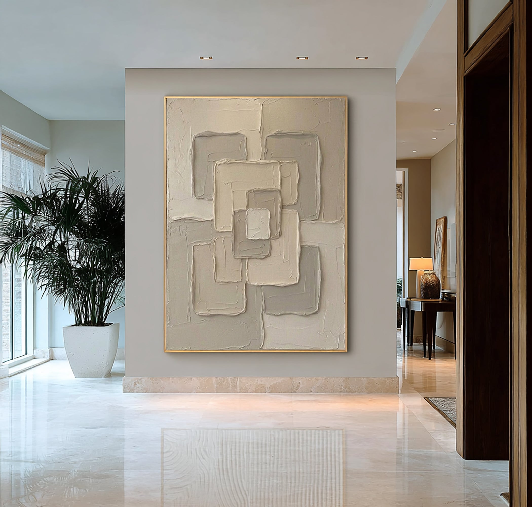 Large Beige Textured Canvas Art Modern Geometric Wall Decor