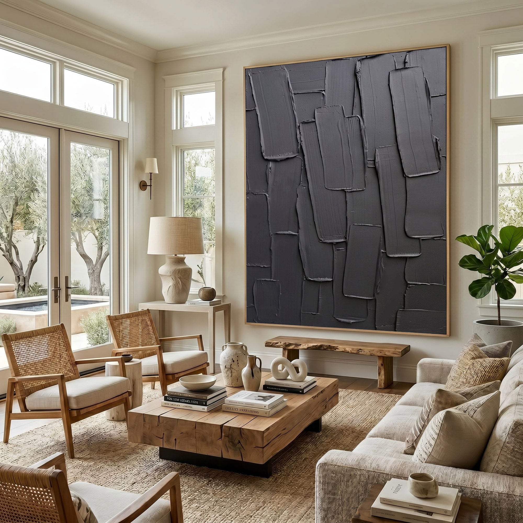 Large Charcoal Textured Wall Art Abstract Oil Painting Modern Impasto Minimalist Luxury Interior Decor