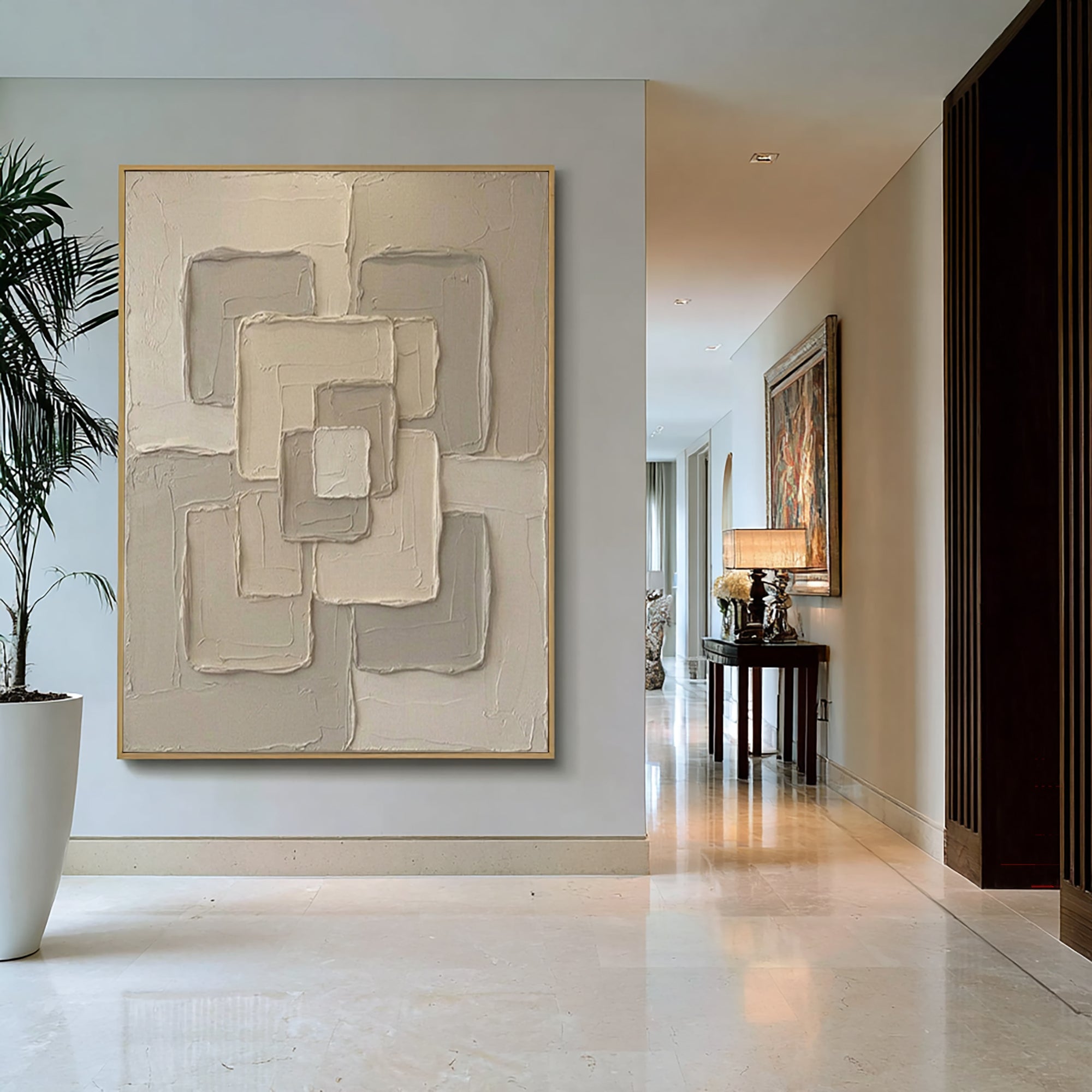 Large Beige Textured Canvas Art Modern Geometric Wall Decor
