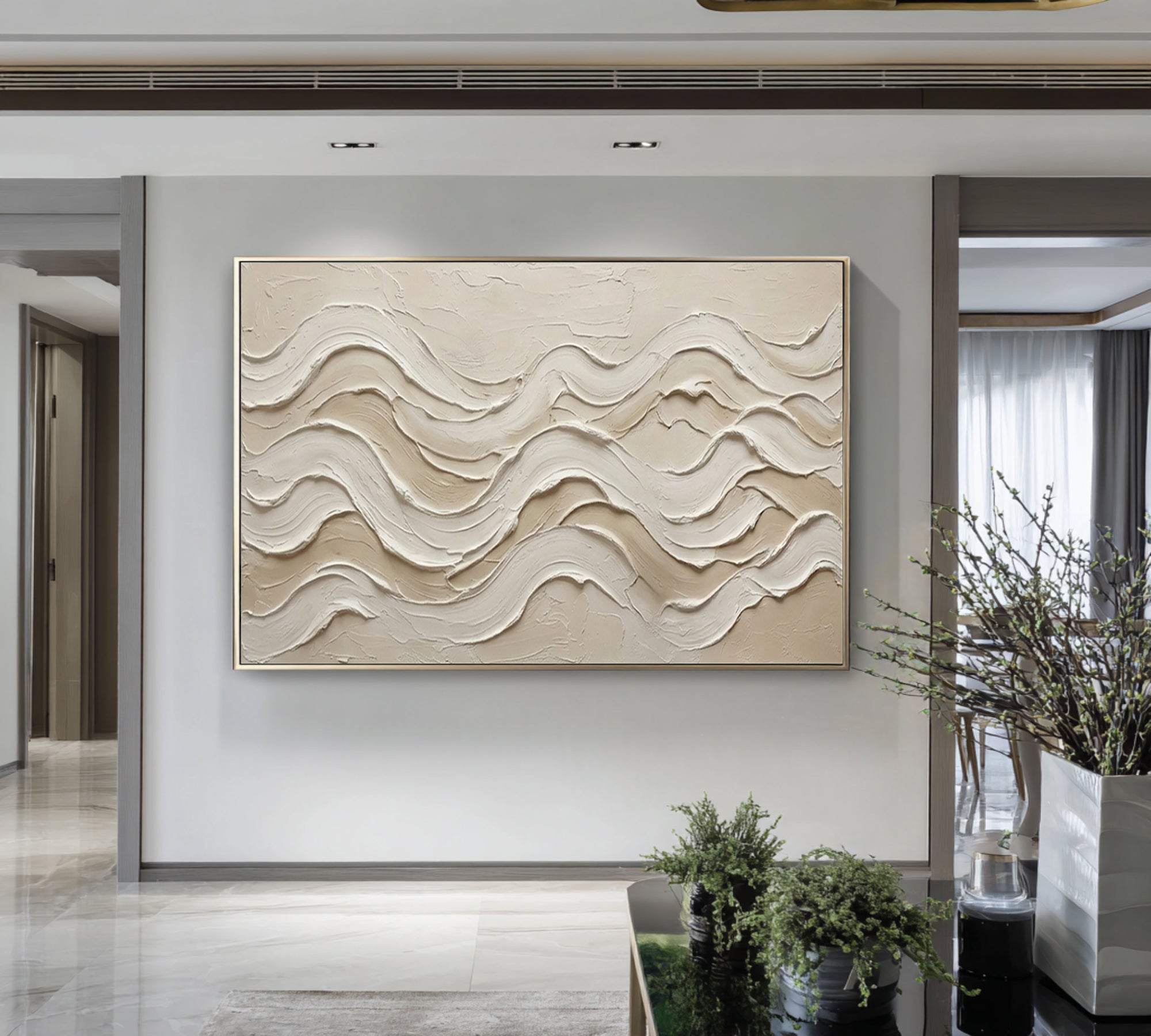 Large Neutral Textured Wall Art Modern Beige Wave Canvas Painting | KeiraArt