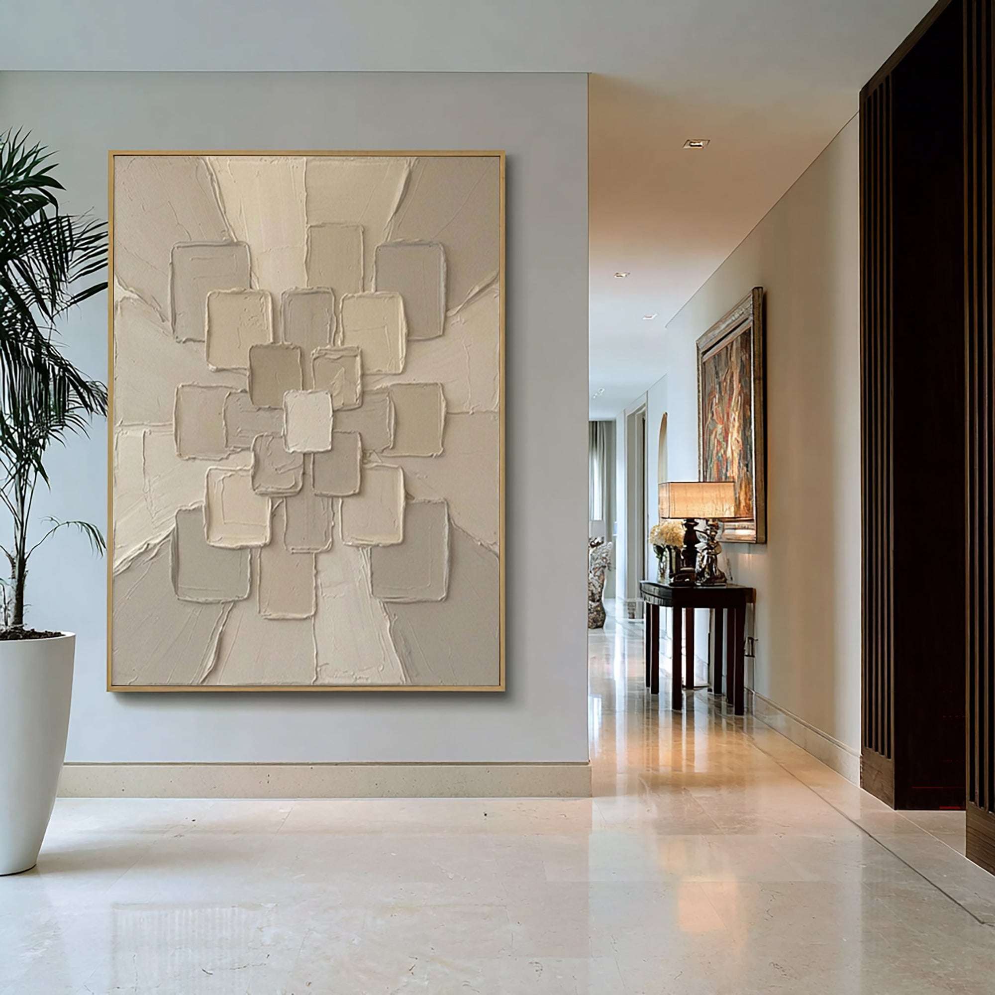 Large Beige Textured Canvas Art Contemporary Geometric Wall Decor