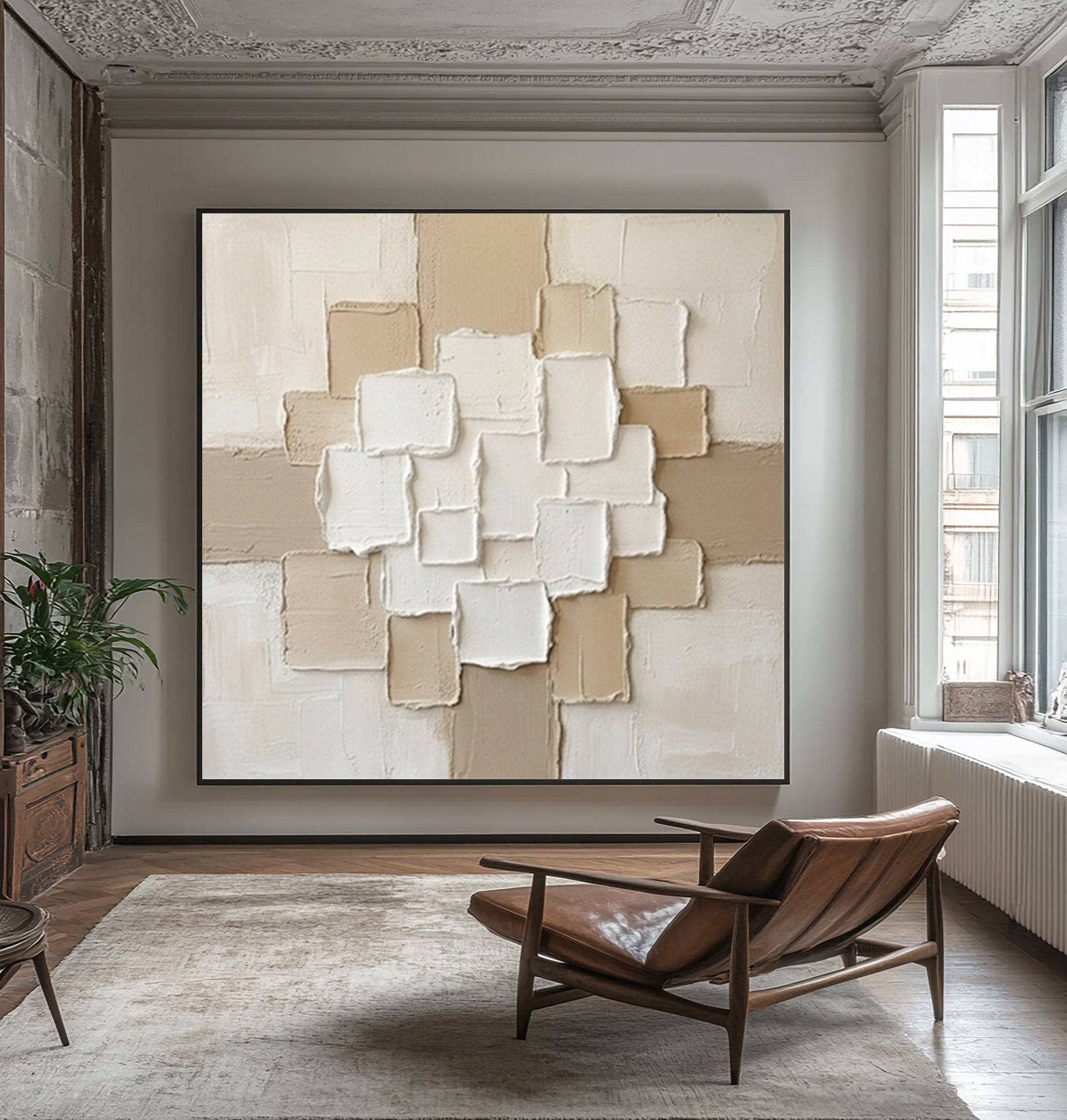 Large Layered Architectural Grid Wall Art Hand Painted Texture Painting
