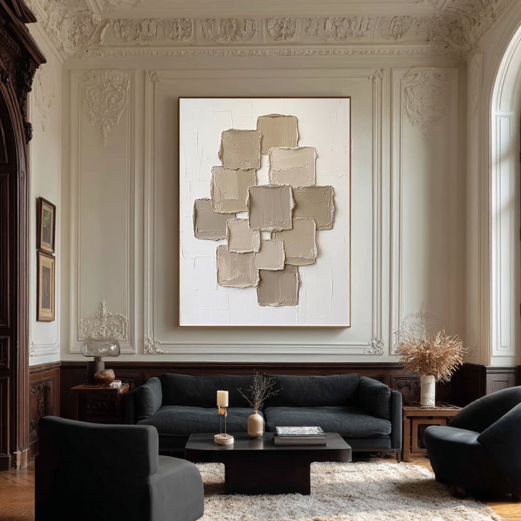 Large Neutral Cluster Textured Canvas Art Minimalist Architectural Wall Decor