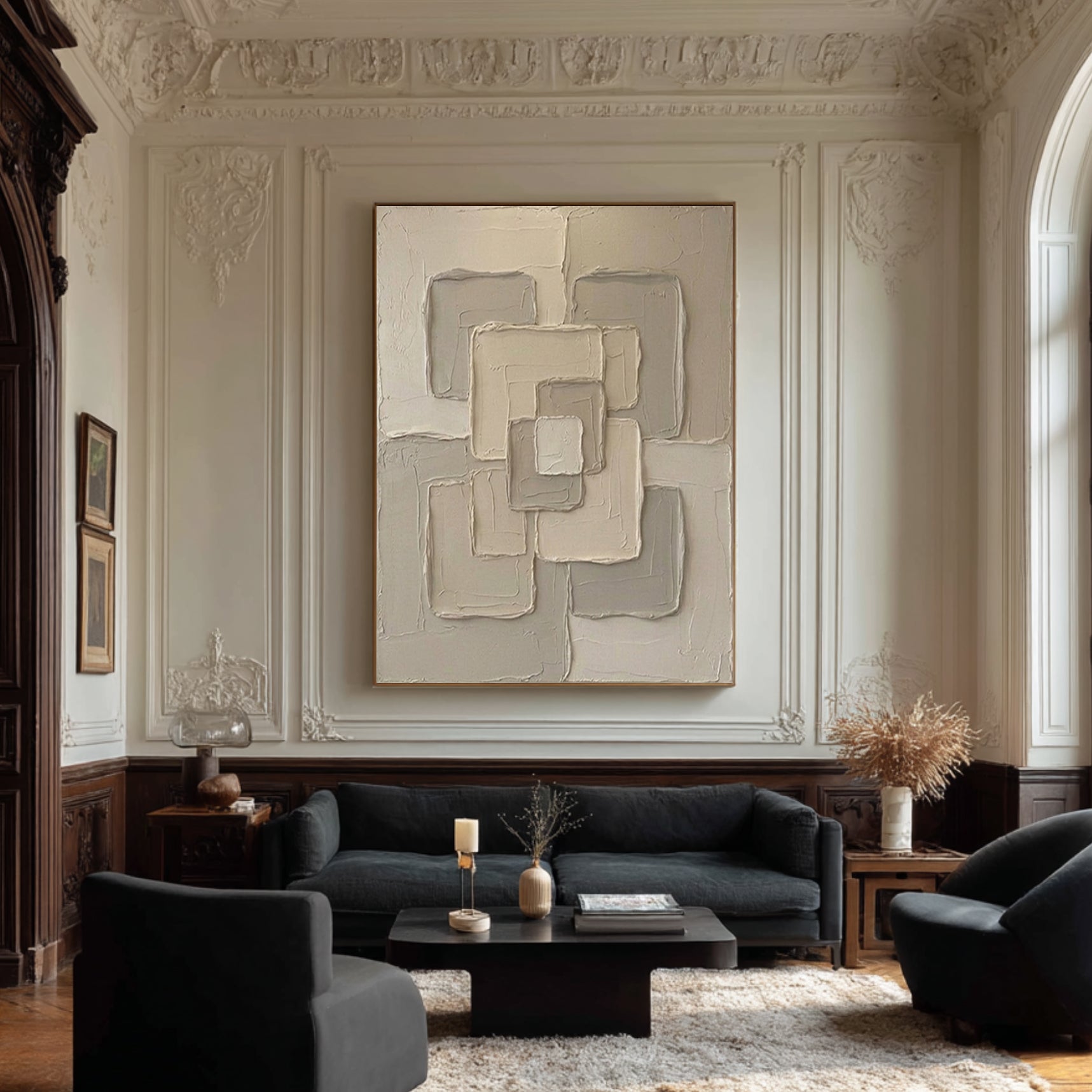 Large Beige Textured Canvas Art Modern Geometric Wall Decor