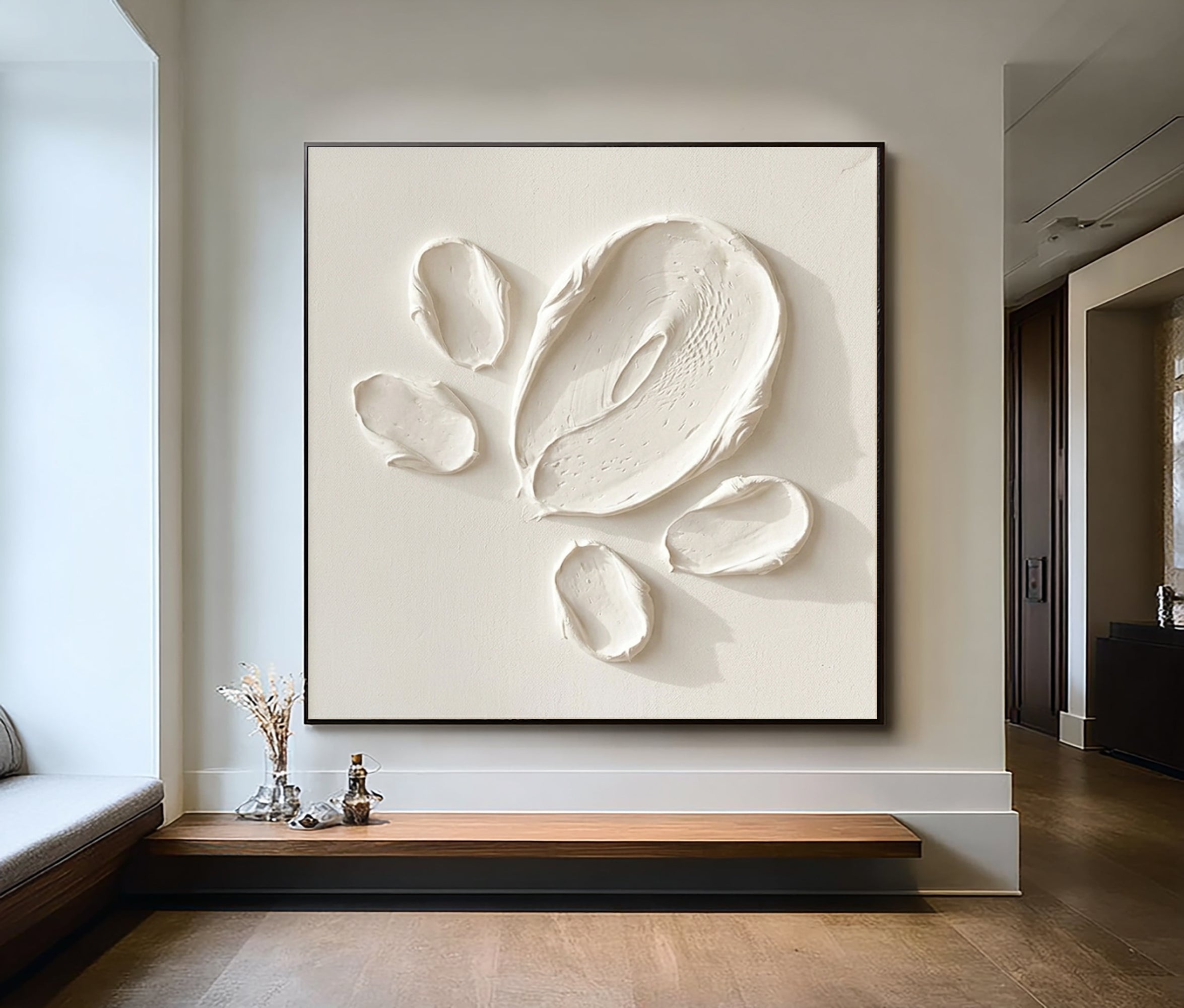 Large Contemporary Textured Oil Painting in Neutral White for Modern Home Decor