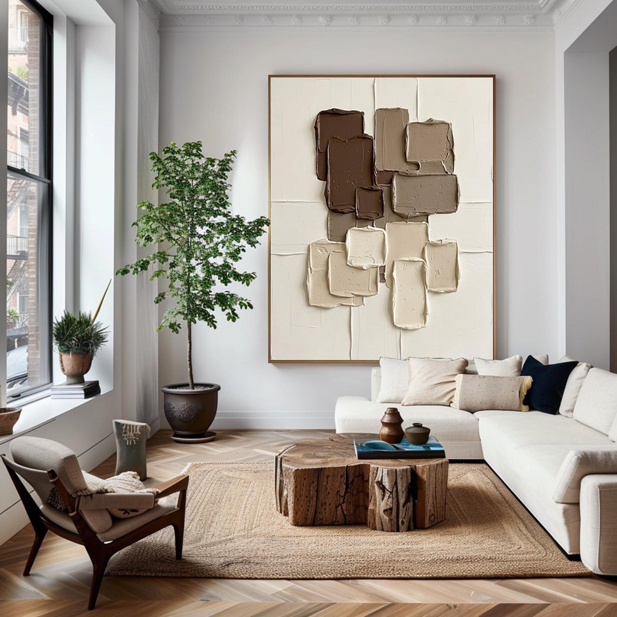 Large Coffee Brown Geometric Texture Canvas Art Contemporary Wall Decor
