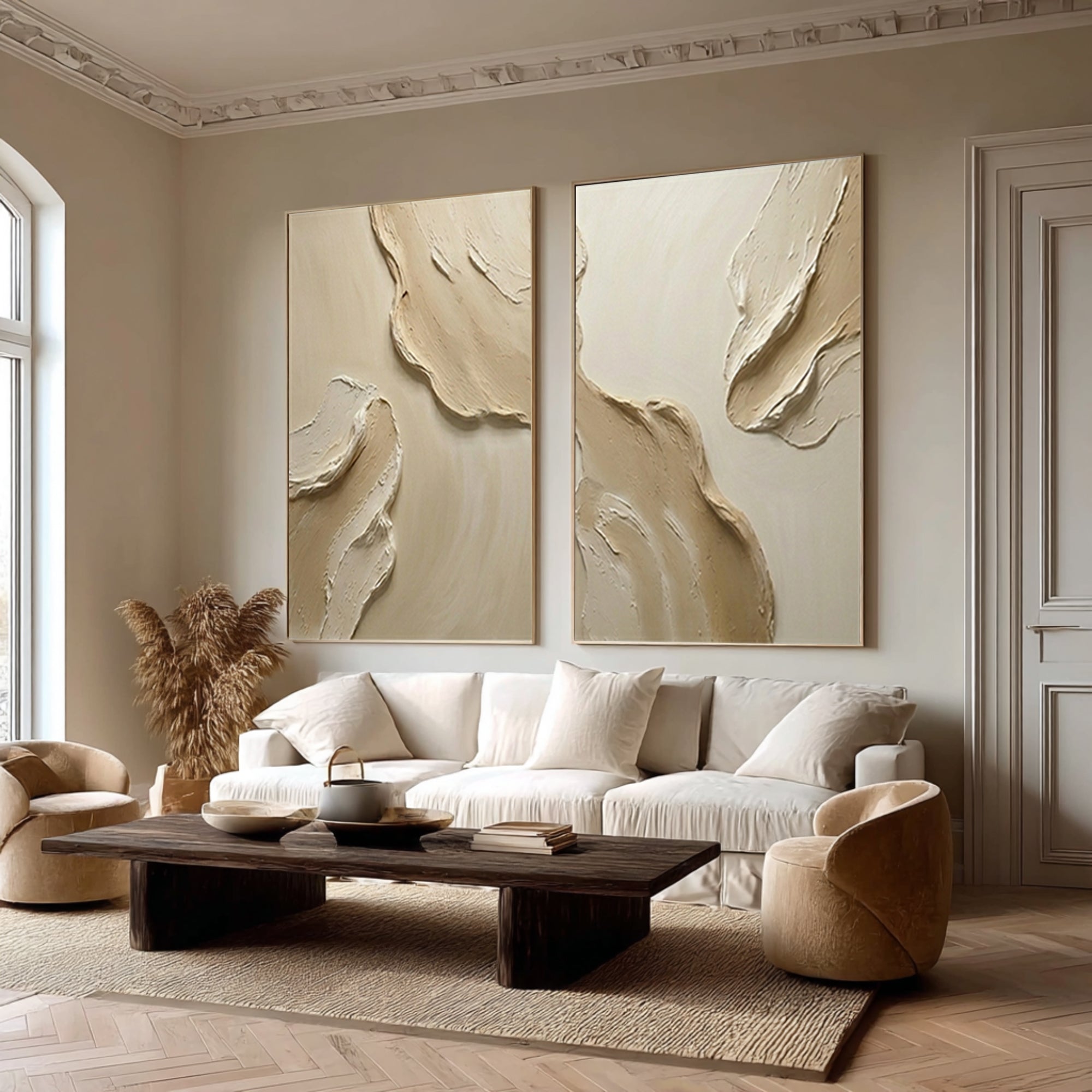Large Hand Painted Textured Diptych Abstract Wall Art Neutral Tones | KeiraArt