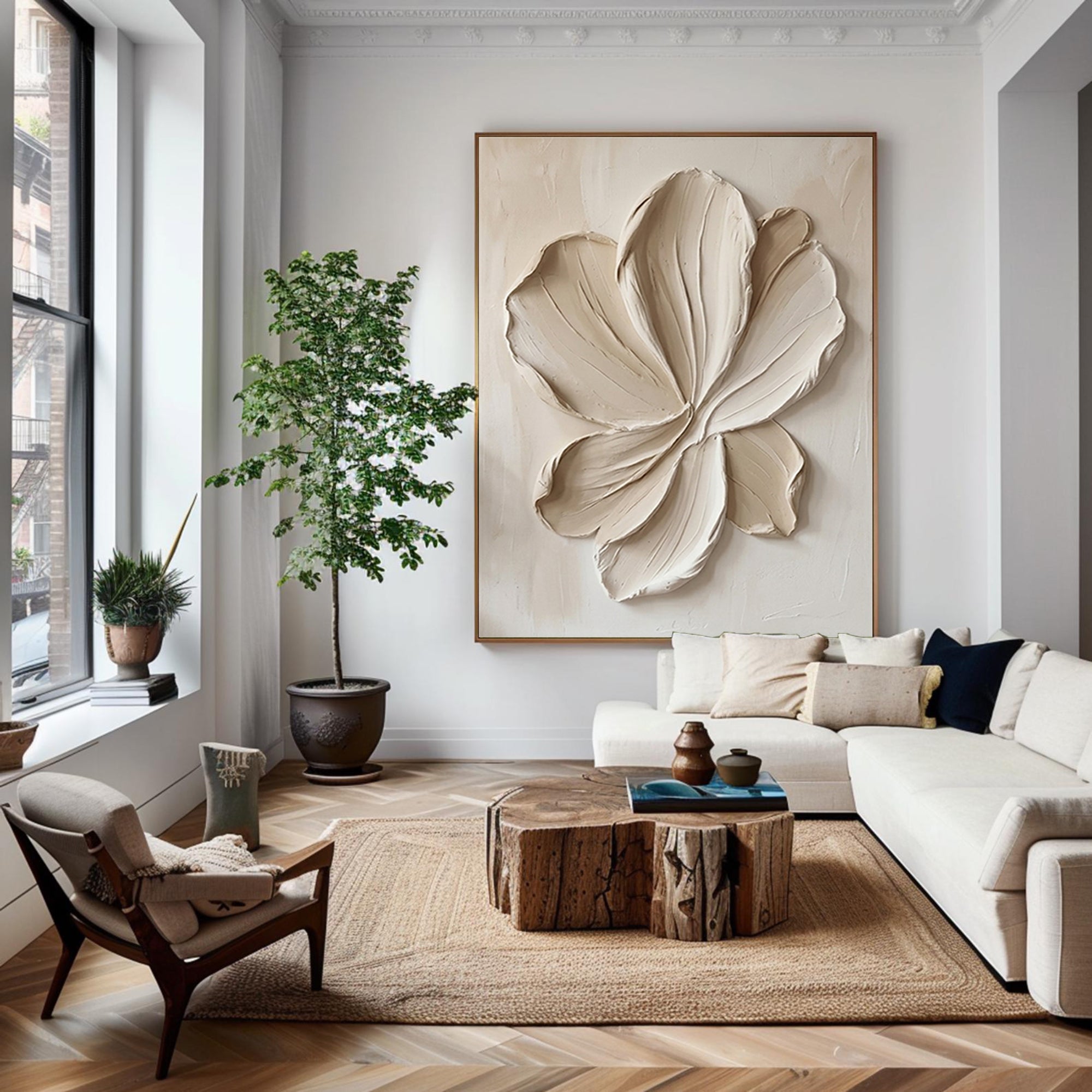 Large Beige Petal Relief Canvas Art Contemporary Neutral Wall Decor
