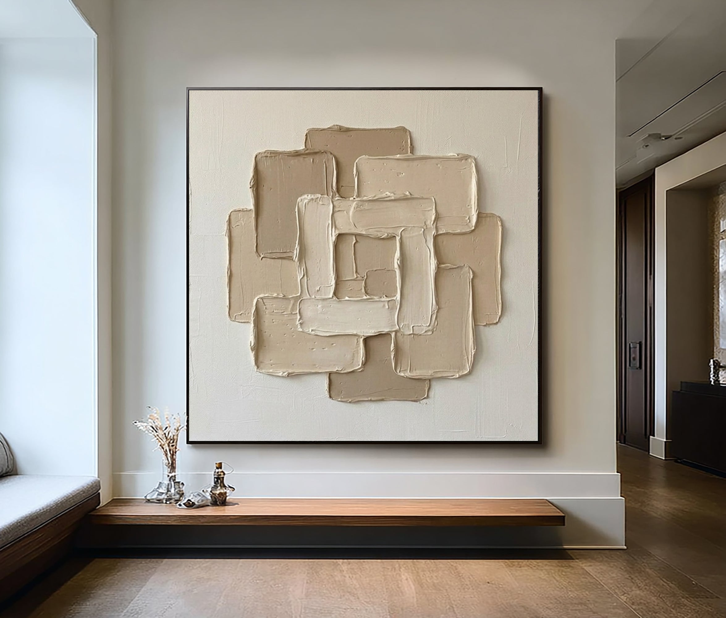 Large Geometric Relief Oil Painting – Neutral Contemporary Canvas Art