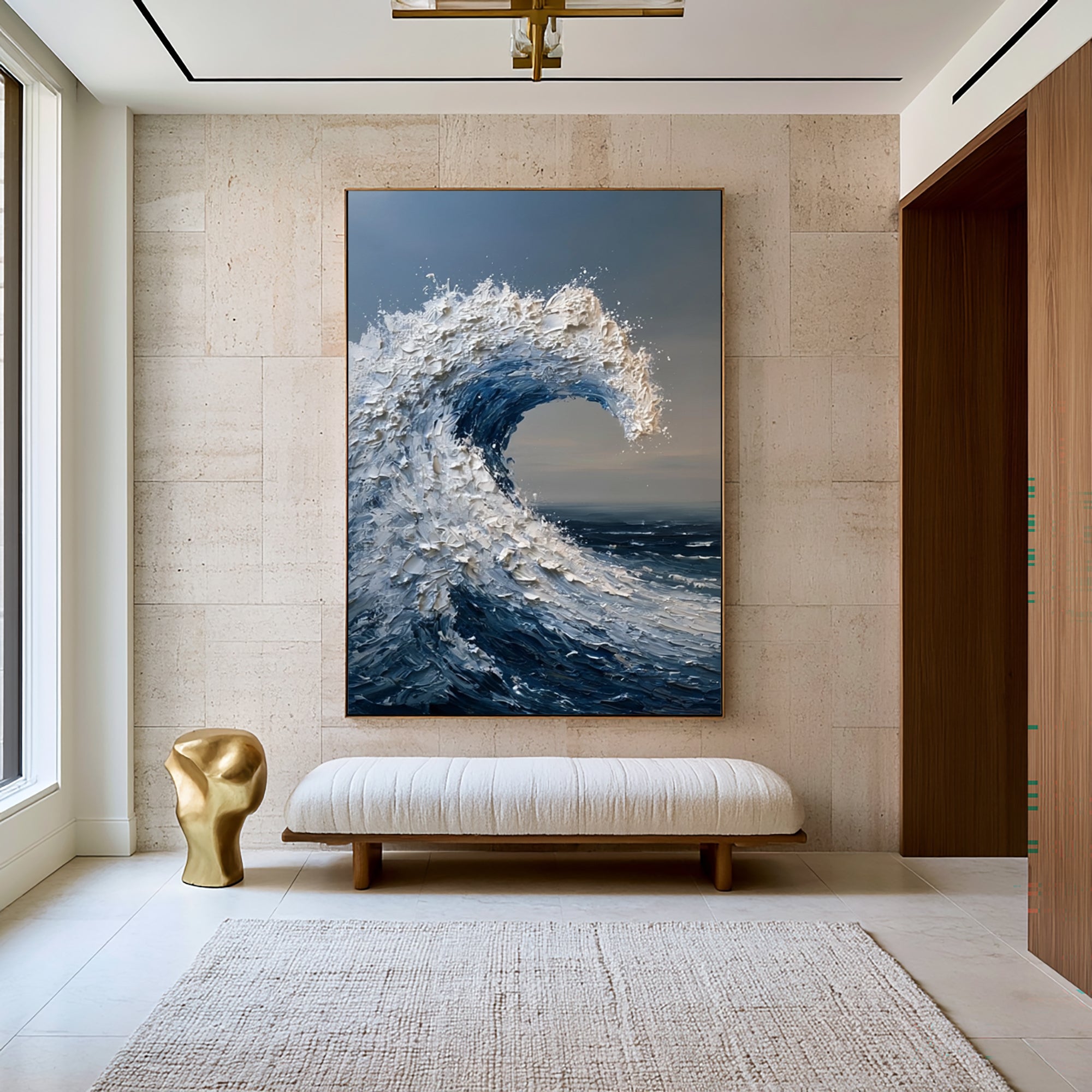 Large Wave Wall Art Textured Oil Painting Ocean Storm Sea Foam Blue Abstract Coastal Artwork Modern Statement Decor